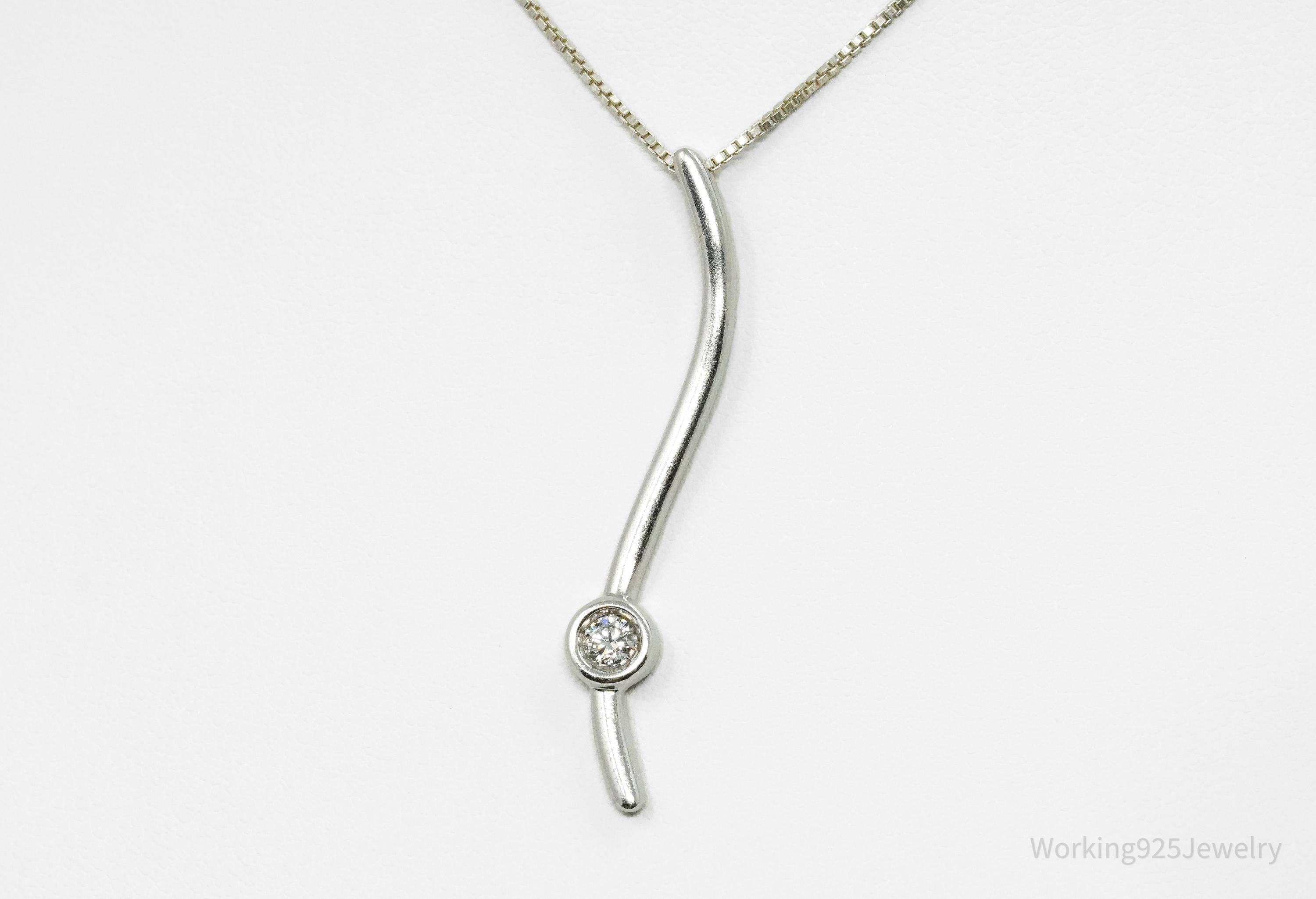 Solitaire Linear Ribbon Diamond Sterling Silver Necklace 16"