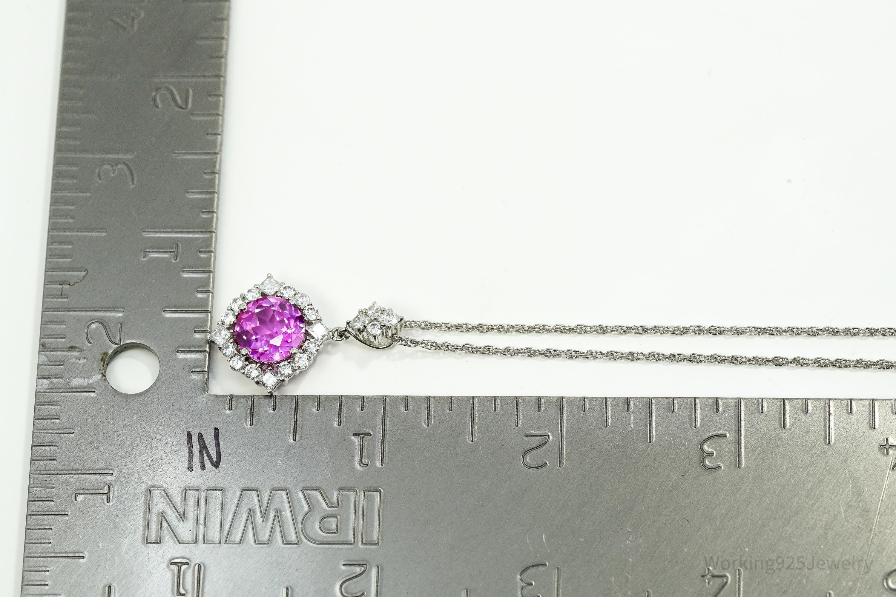 Vintage Synthetic Pink Sapphire & Cubic Zirconia Sterling Silver Necklace 18"