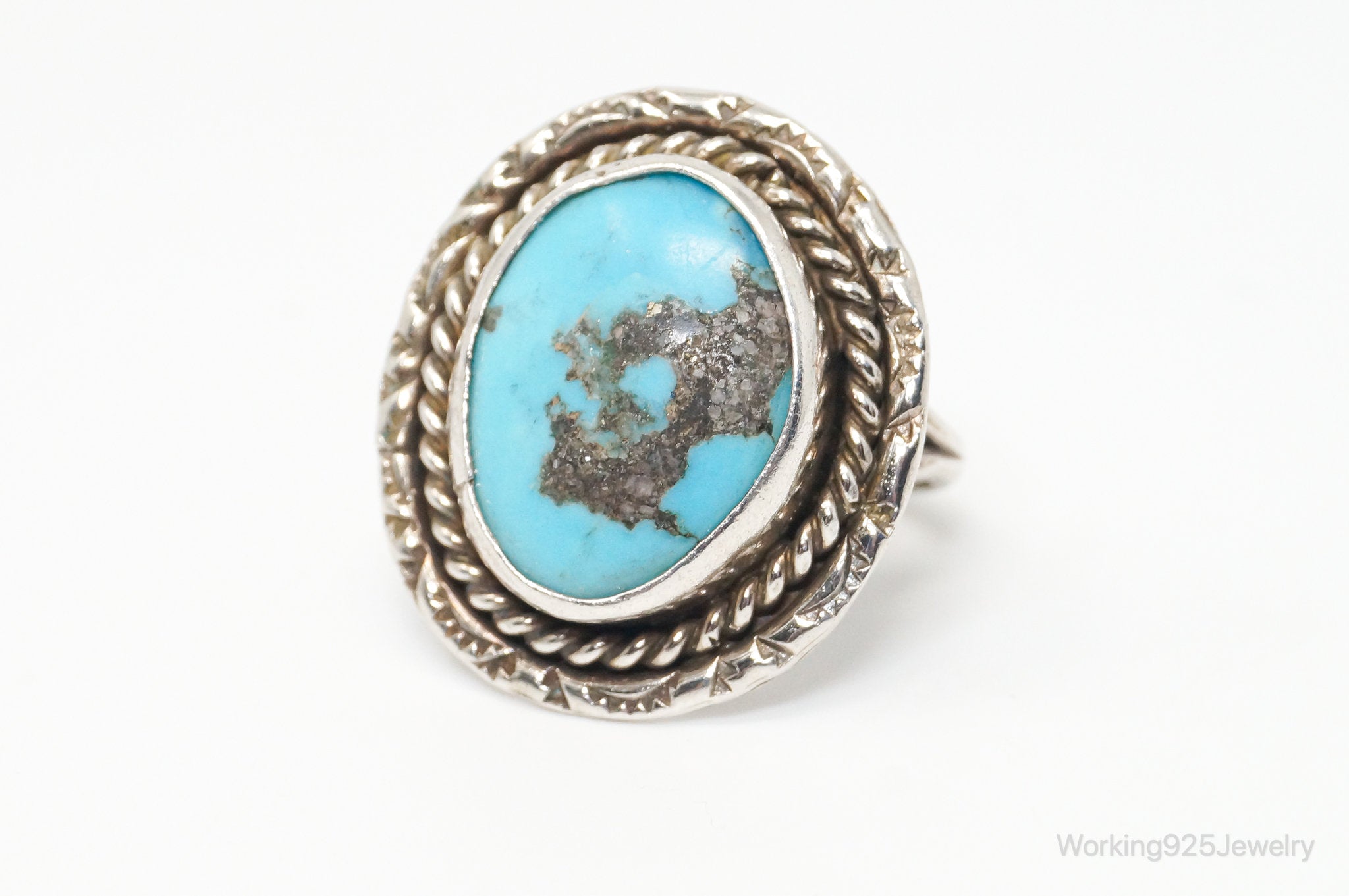 Vintage Native American Blue Turquoise Unsigned Sterling Silver Ring - Sz 8.25