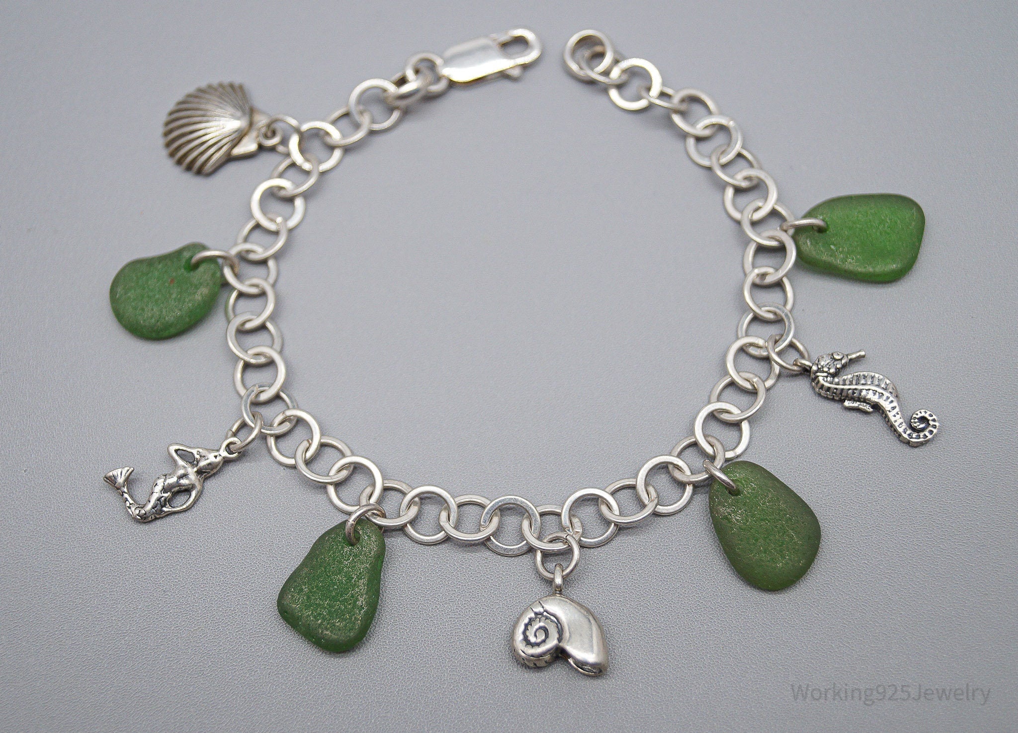 Vintage Ocean & Green Sea Glass Charms Sterling Silver Bracelet - 7.75"