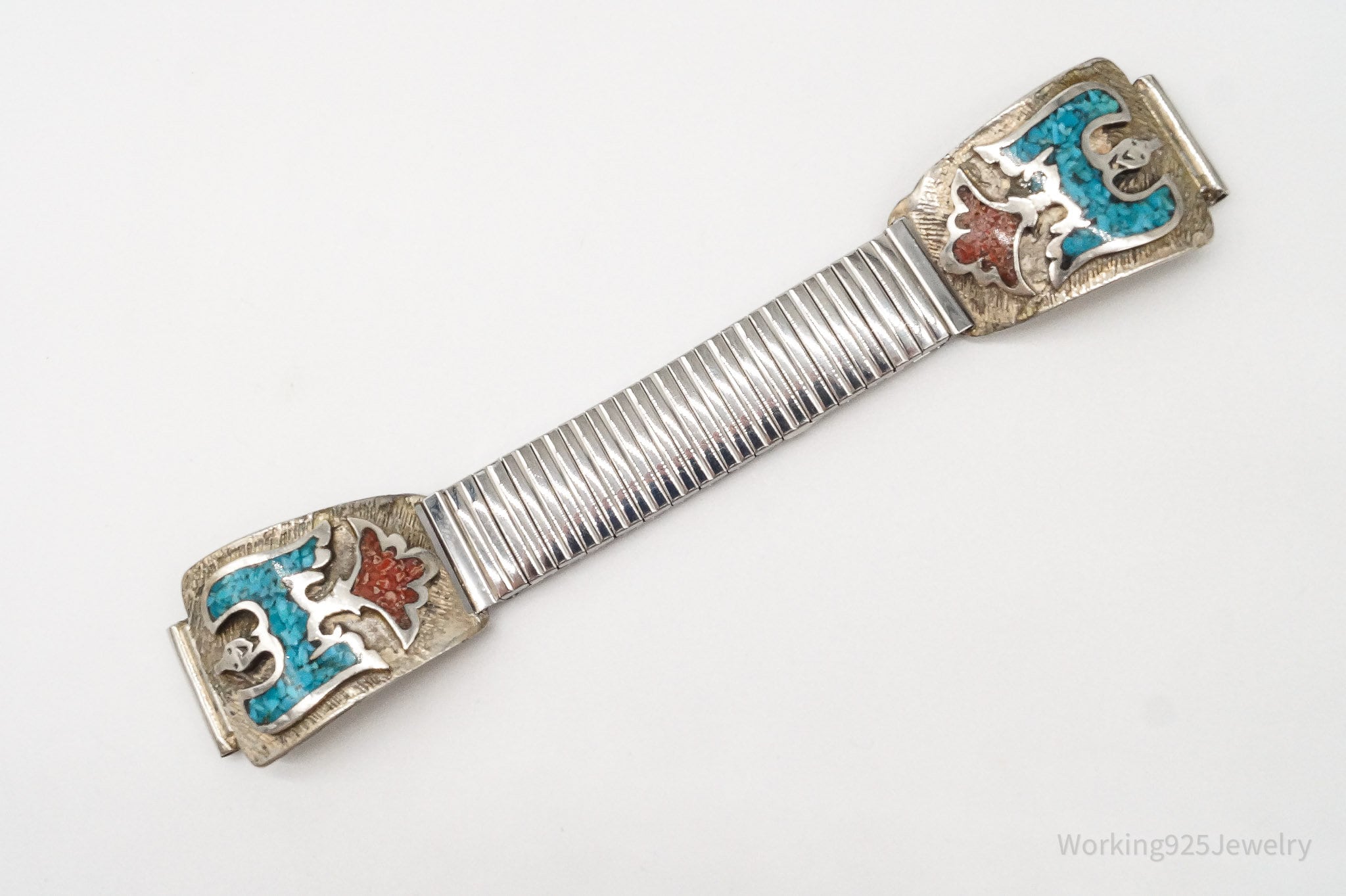 VTG Native American Turquoise Coral Speidel Stainless Steel Silver Watch Band