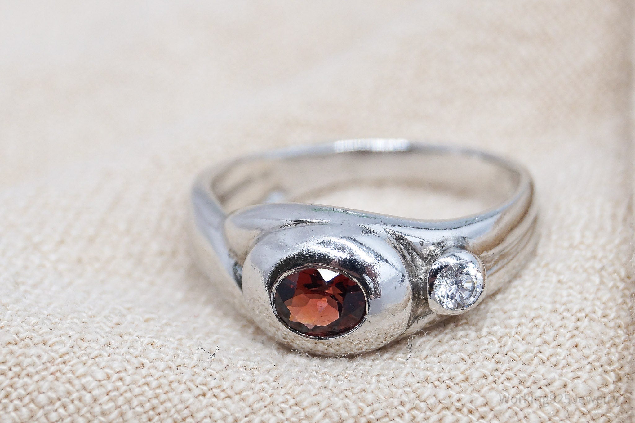 Vintage Garnet & Cubic Zirconia Sterling Silver Ring - Size 6.75