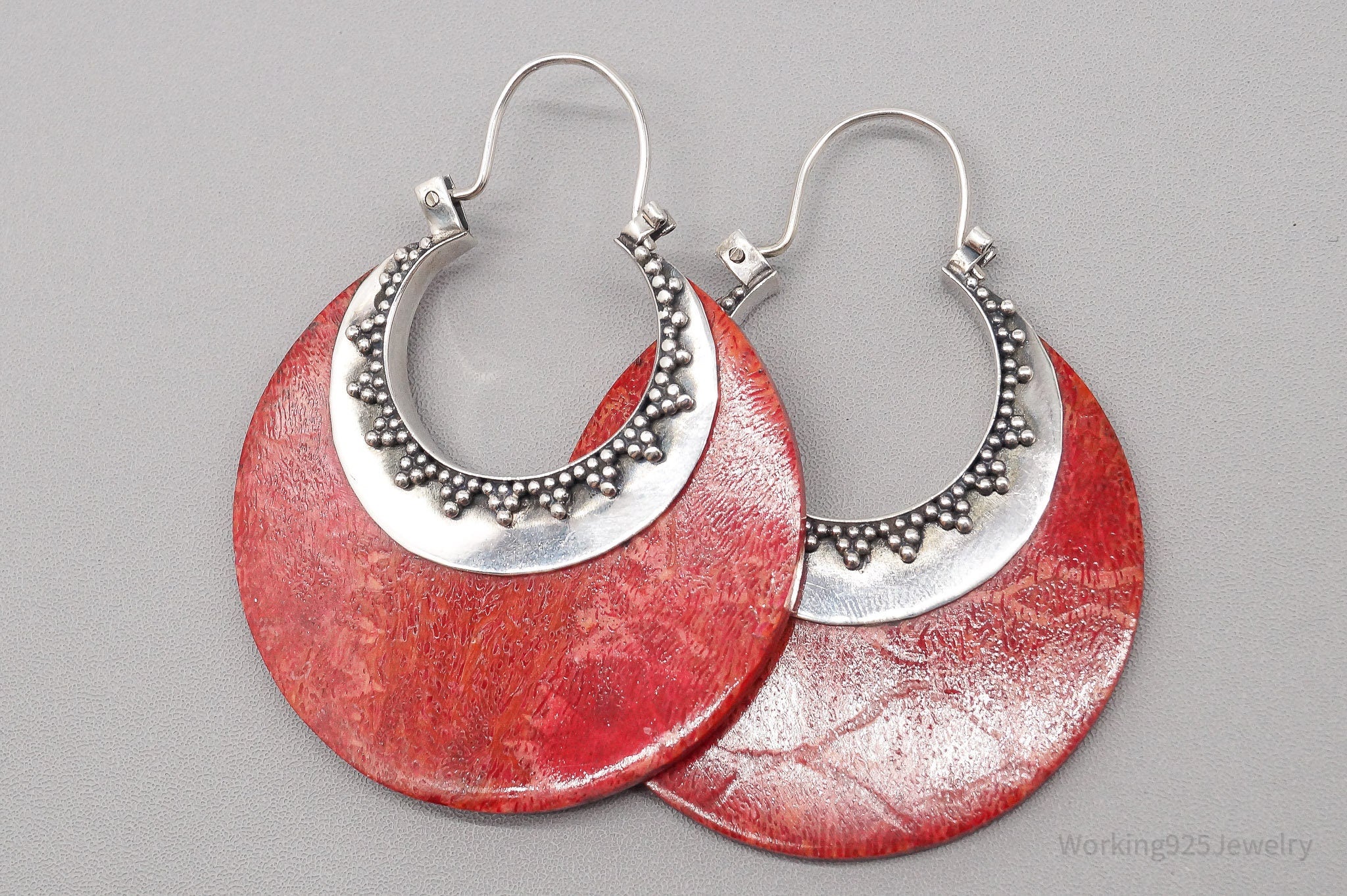 Vintage Red Coral Sterling Silver Hoop Earrings