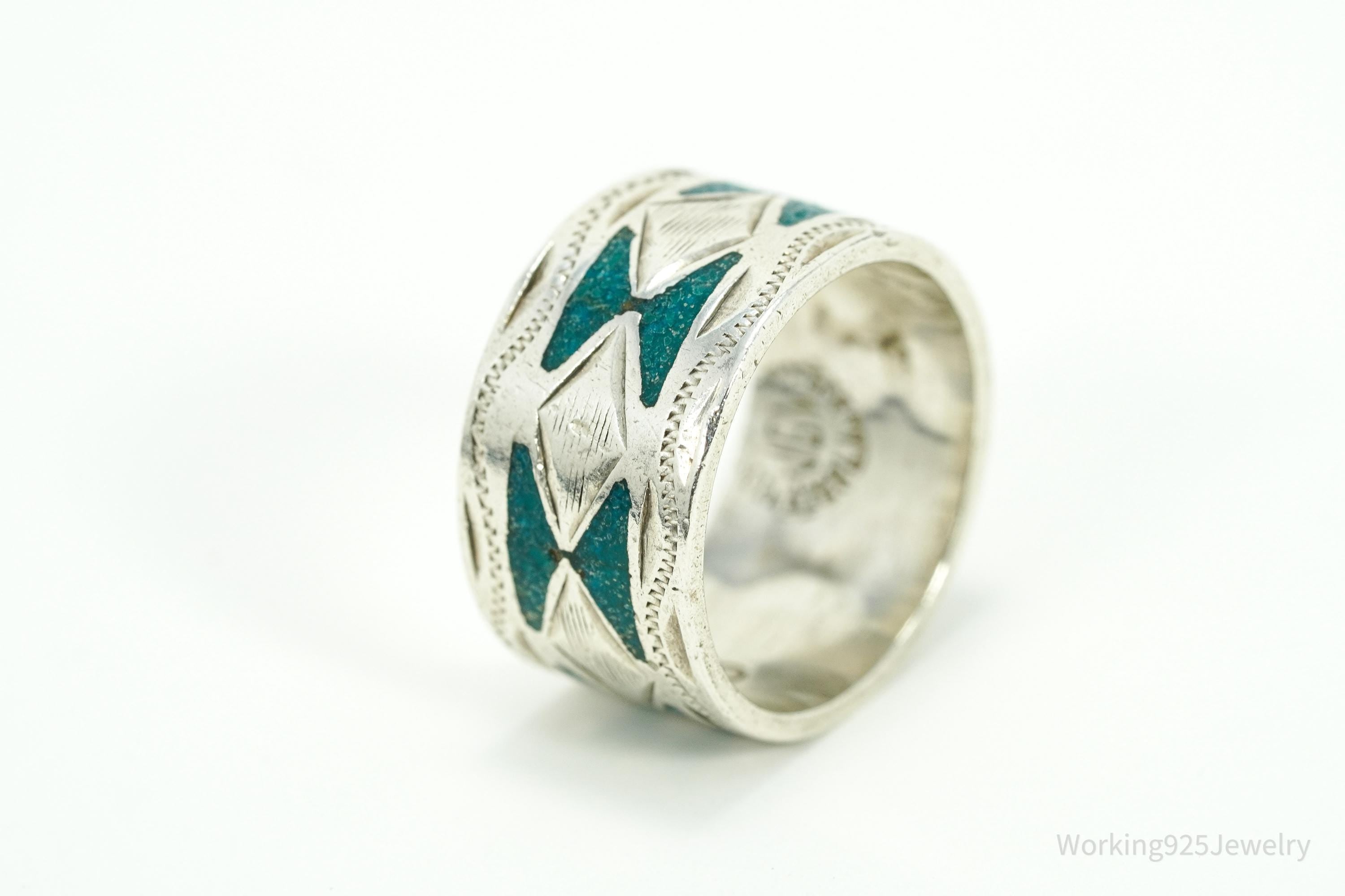 Vintage Mexico JGM Turquoise Inlay Sterling Silver Ring - Size 7.25
