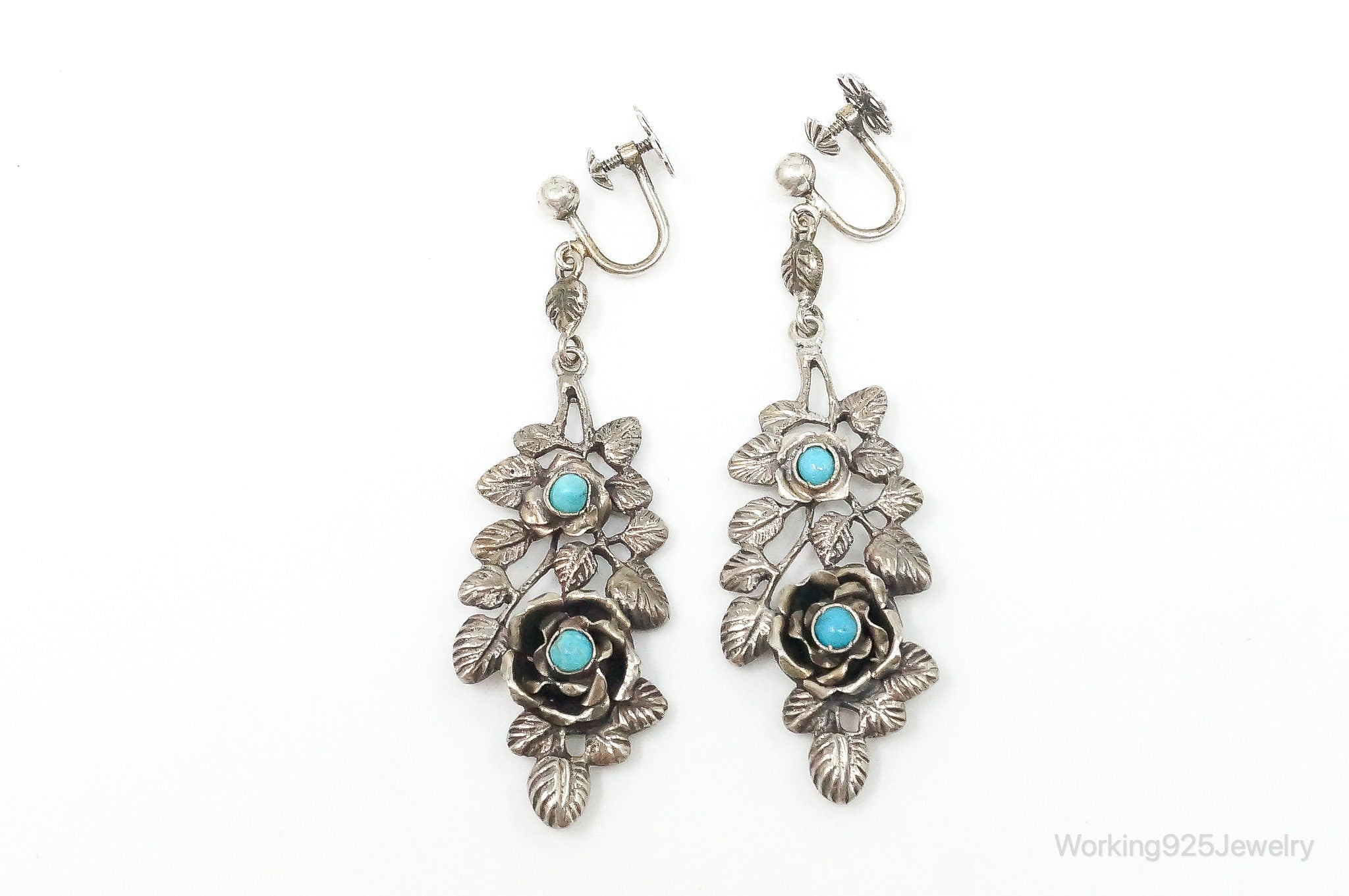 Vintage Screw Back Turquoise Flowers Long 800 Silver Earrings