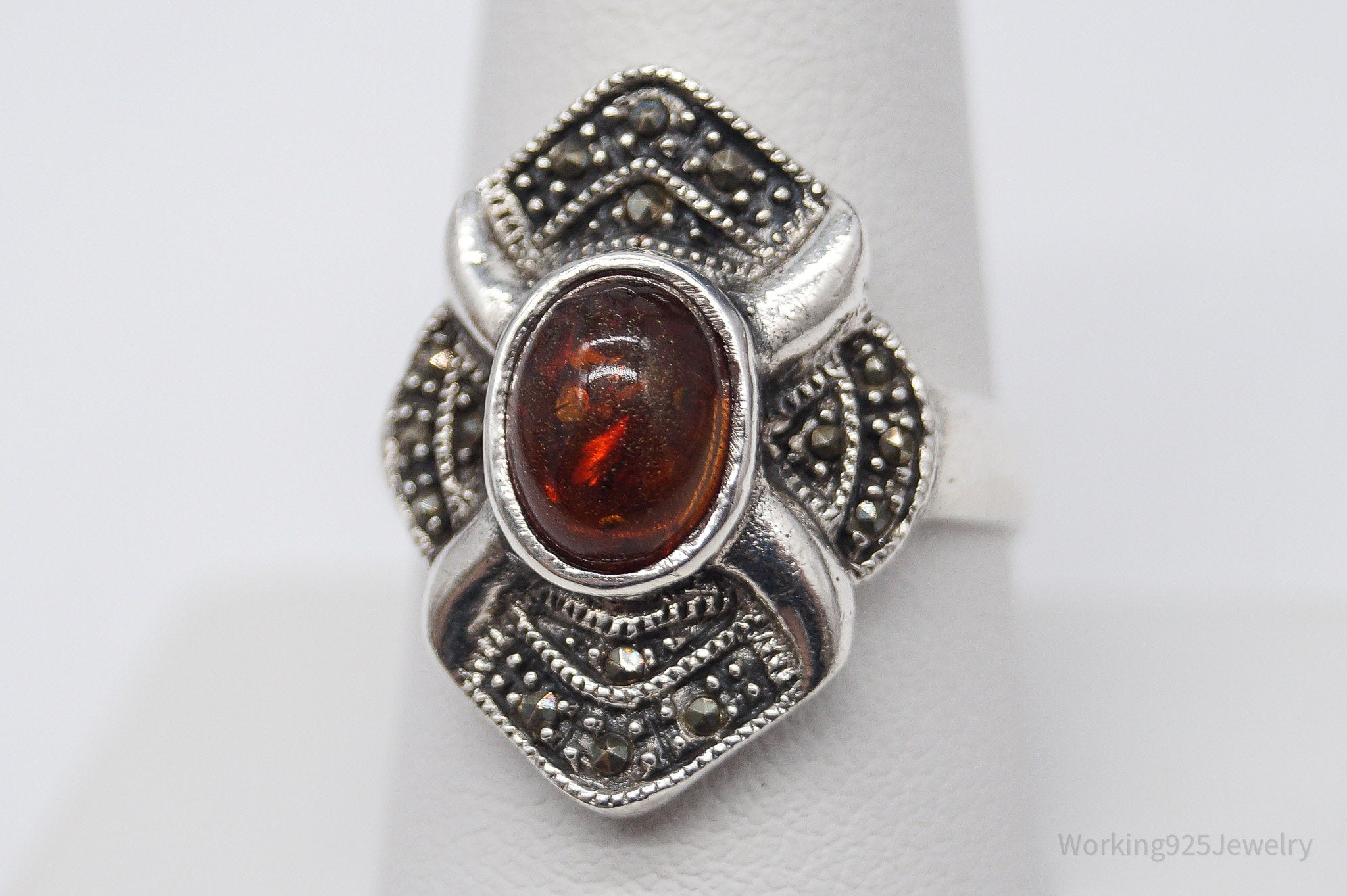 Vintage Amber & Marcasite Sterling Silver Ring - Size 8.75