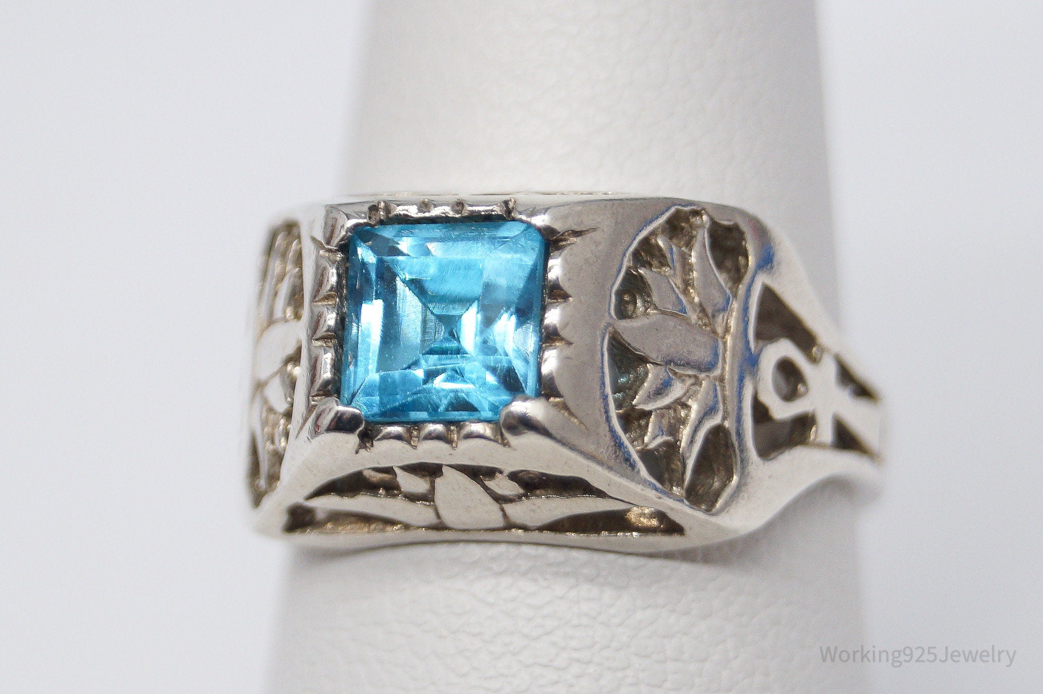 Vintage Blue Topaz Ankh Cross & Lotus Sterling Silver Ring - Size 7.75
