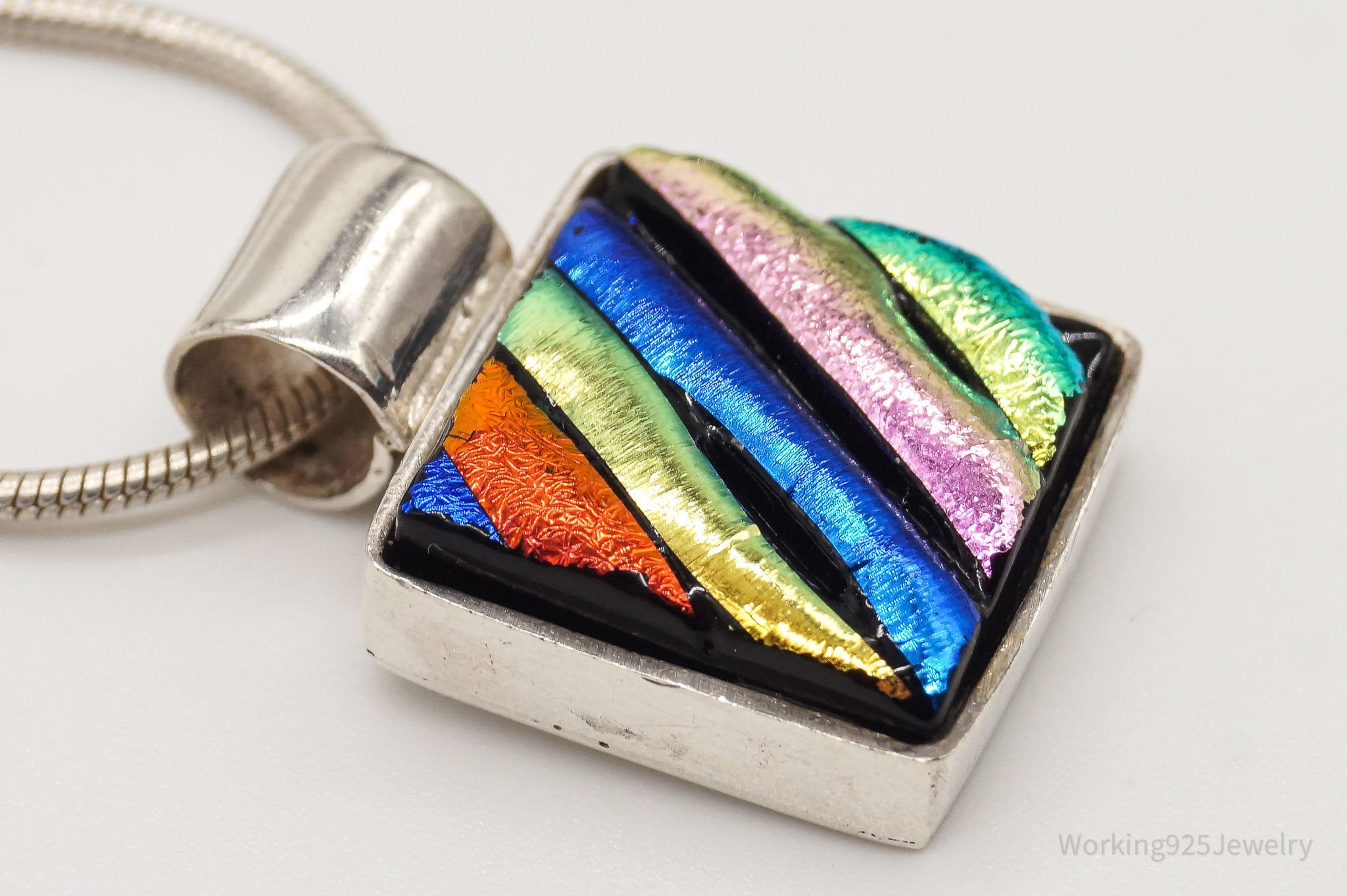 Vintage Rainbow Dichroic Glass Sterling Silver Necklace