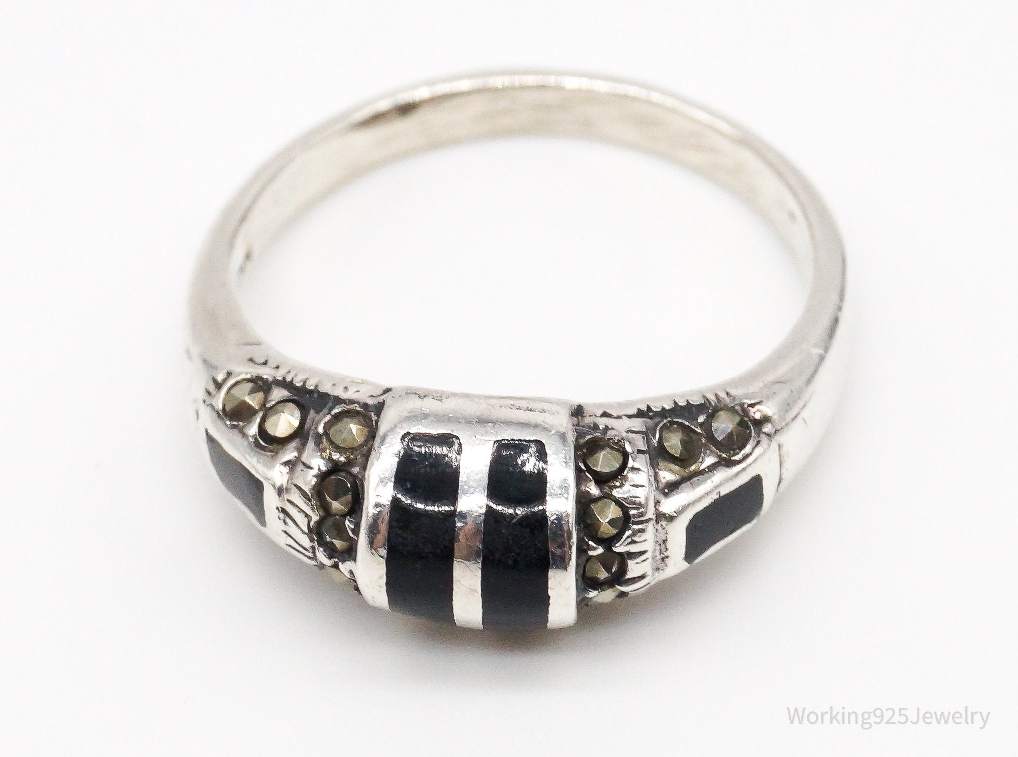 Vintage Marcasite Black Onyx Ring Sterling Silver - SZ 6.5