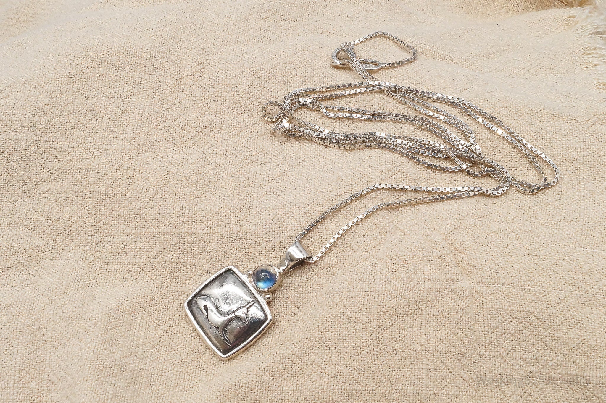 Vintage Egyptian God Anubis Moonstone Sterling Silver Necklace 30"