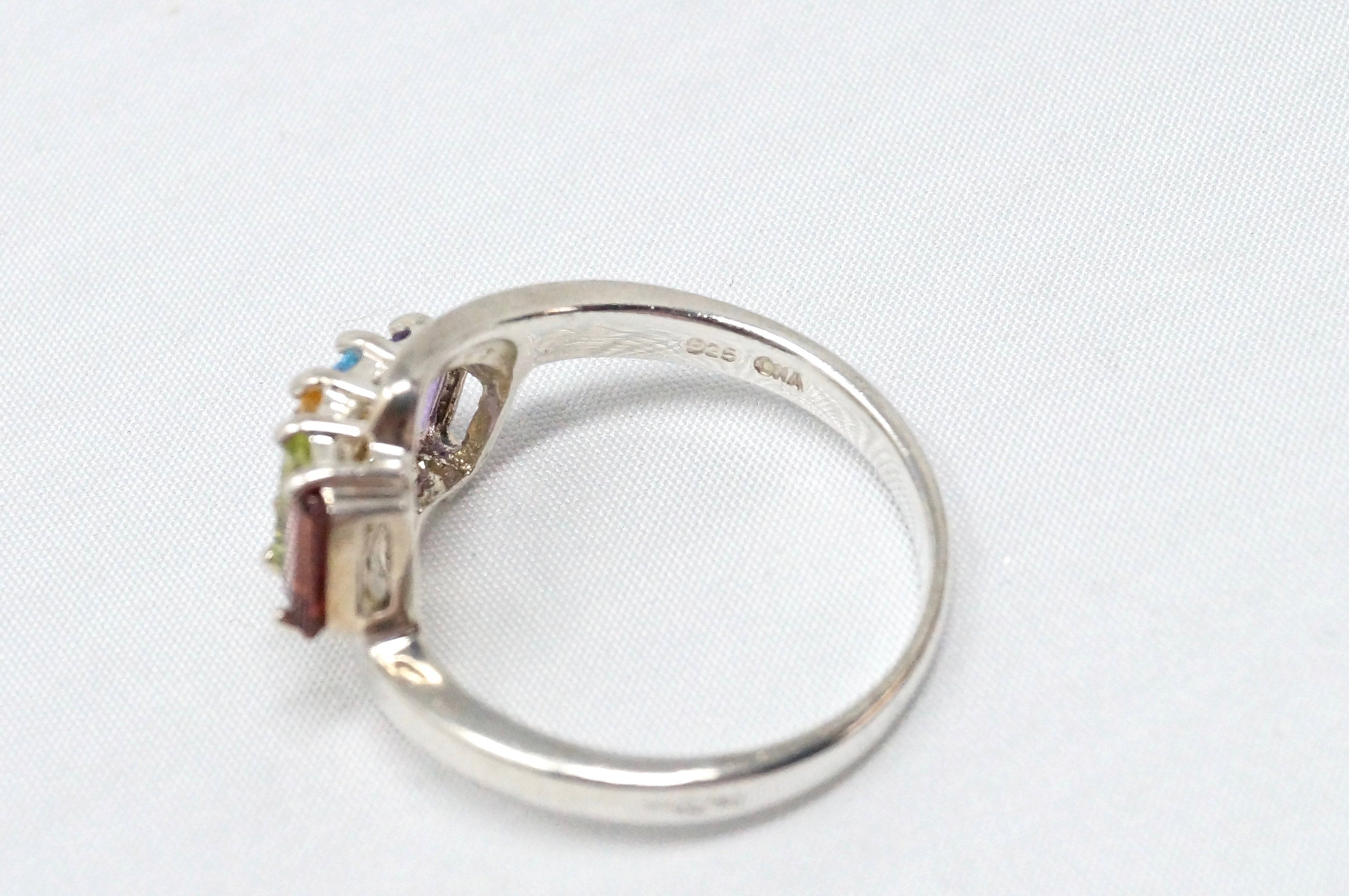 Vintage Citrine Peridot Blue Topaz Amethyst Garnet Sterling Silver Ring Sz 7.75