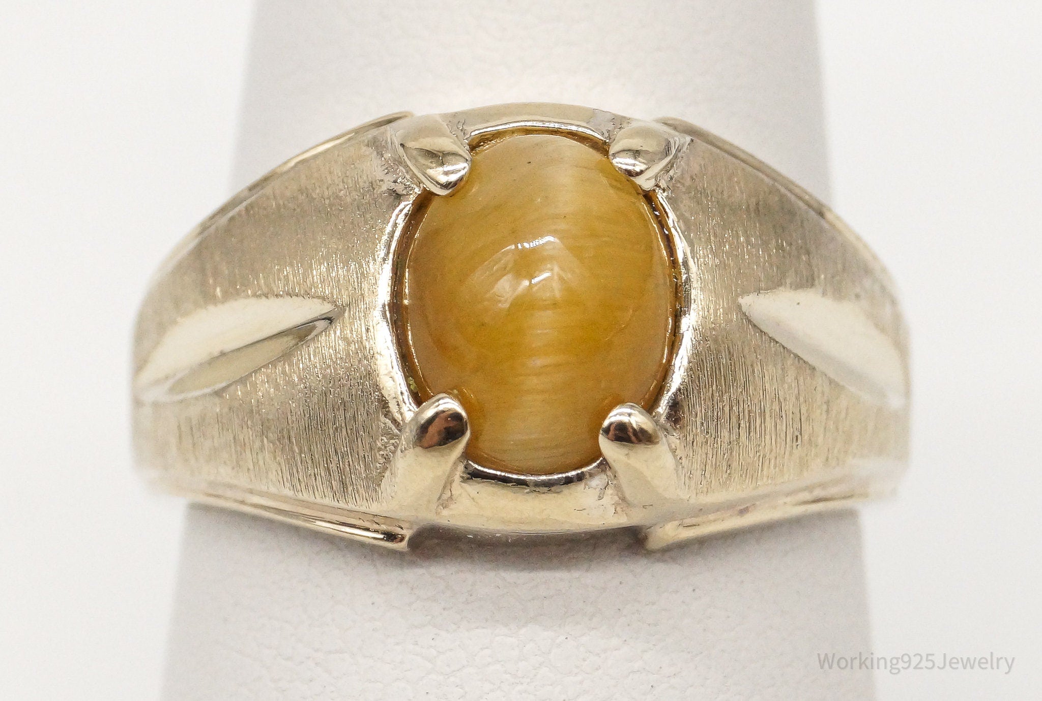 Vintage Yellow Cat's Eye Apatite Gold Vermeil Sterling Silver Ring Size 7.75