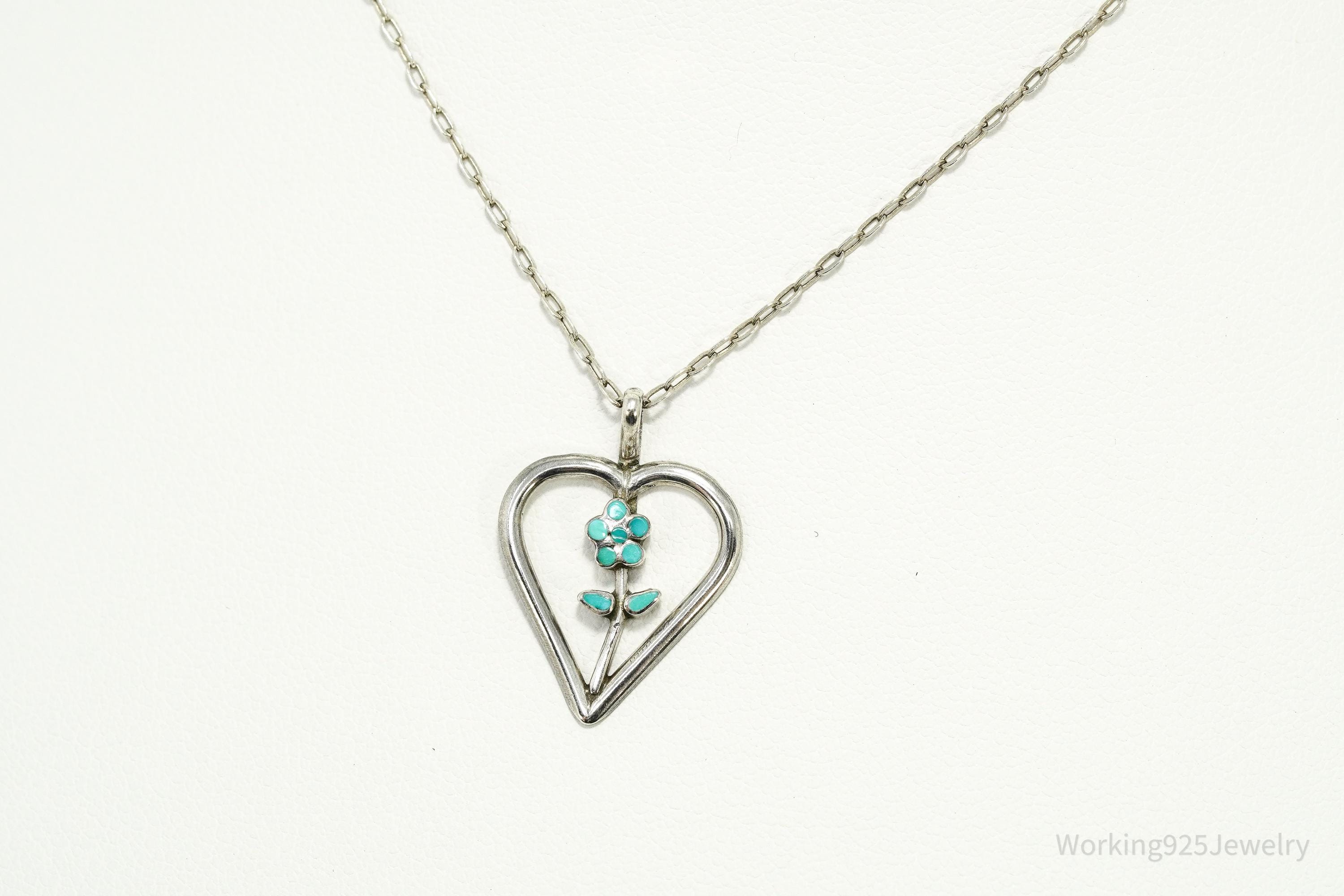 Vintage Turquoise Inlay Flower Heart Sterling Silver Chain Necklace 16"