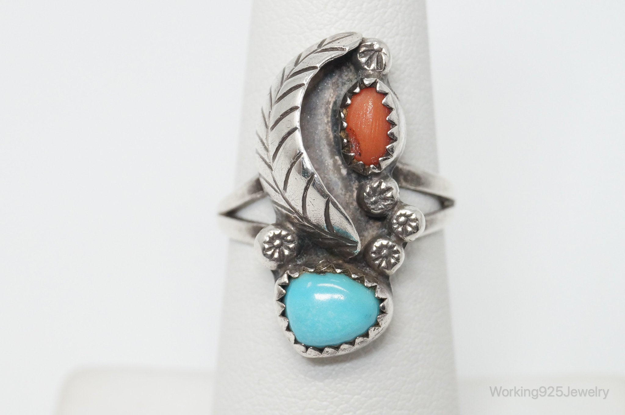 Vintage Native American Signed CM Turquoise Coral Sterling Silver Ring - SZ 6.25