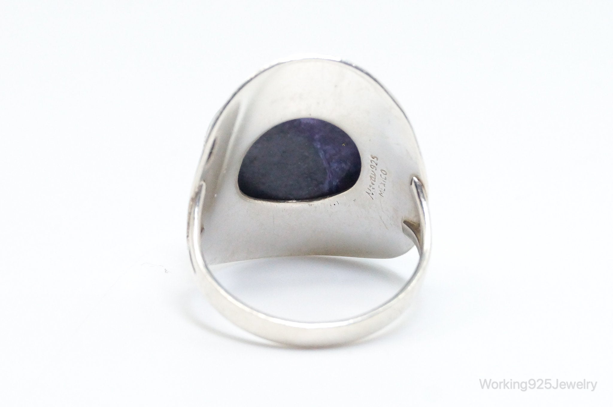 Vintage Mexico Designer Merav Large Charoite Sterling Silver Ring - SZ 9