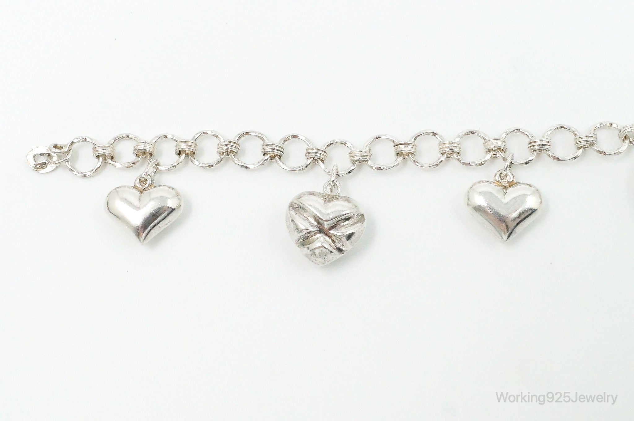 Vintage Puffy Heart Charm Sterling Silver Chain Bracelet