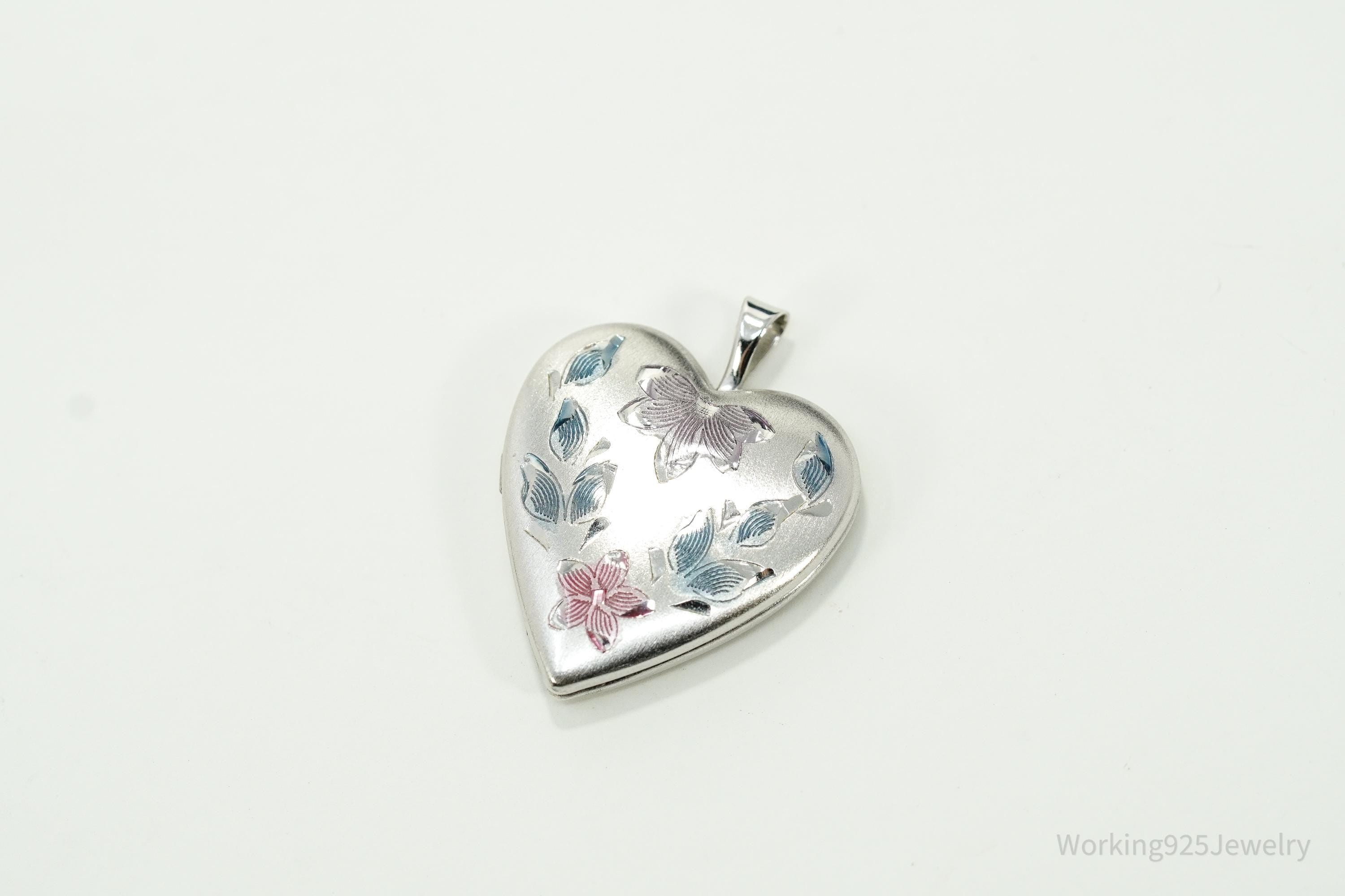 Vintage Etched Enamel Floral Heart Picture Locket Silver Pendant
