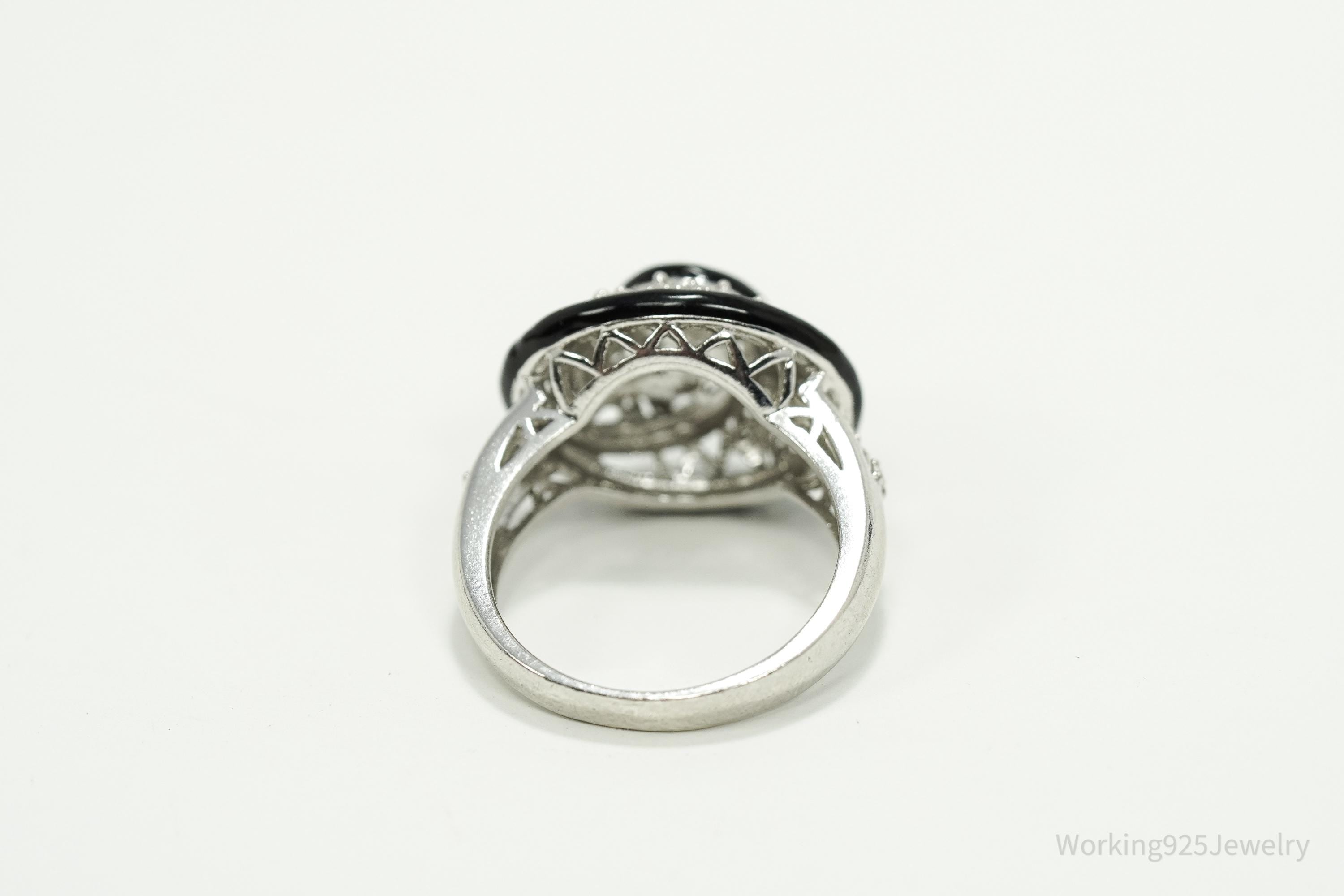 Vintage Designer Cubic Zirconia & Enamel Spiral Sterling Silver Ring - Size 9