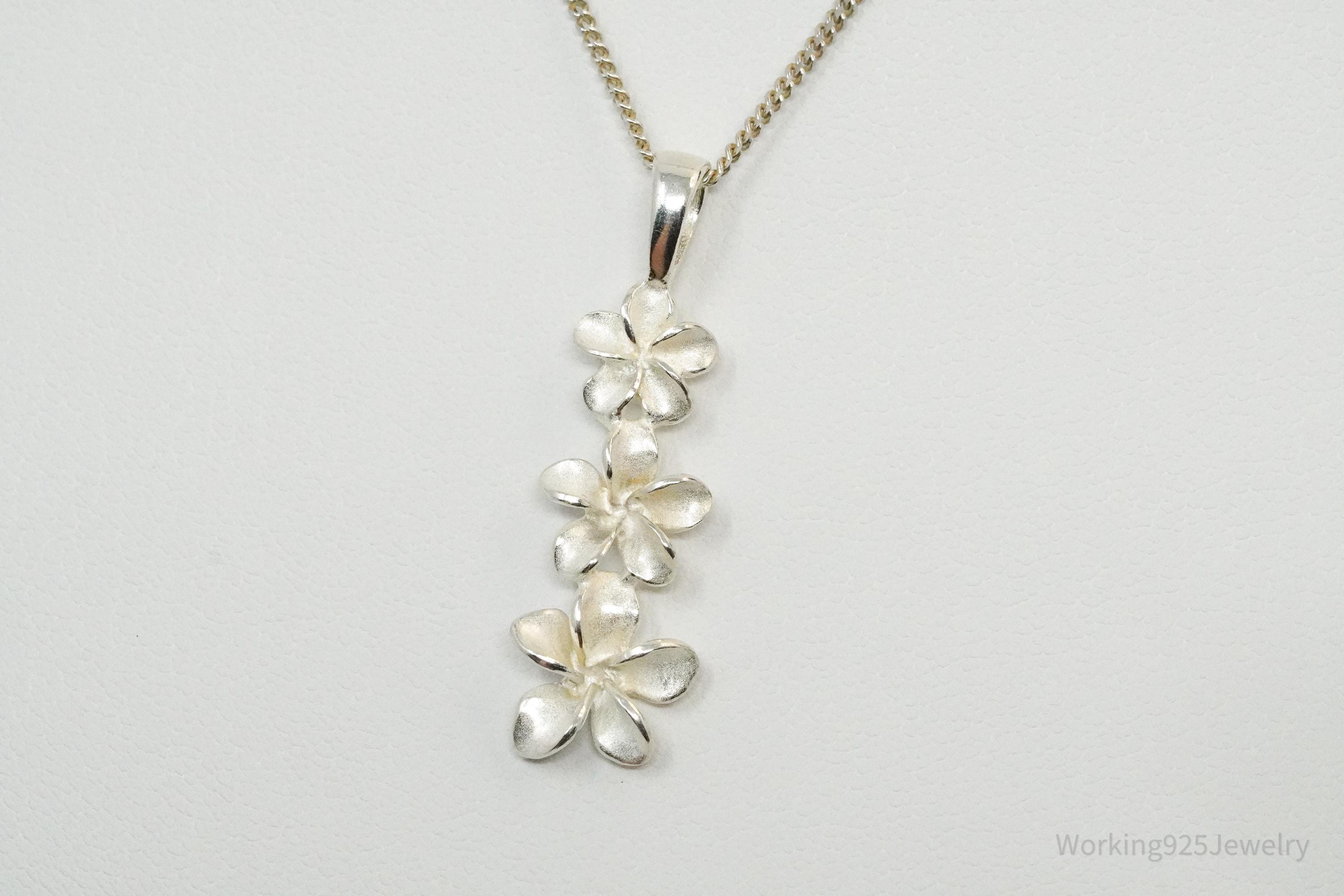 Vintage Sterling Silver Stacked Flowers Necklace 16"