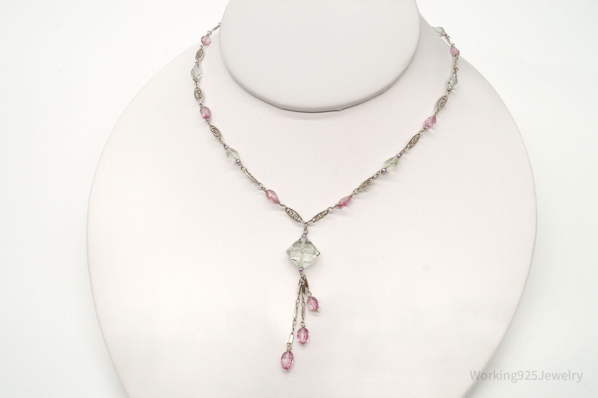 Vintage Prasiolite Pink Topaz Seed Pearls Sterling Silver Necklace