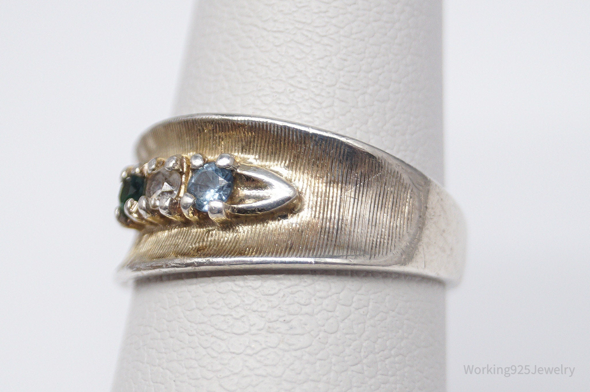 Vintage Green White & Blue Topaz Sterling Silver Band Ring - Size 6