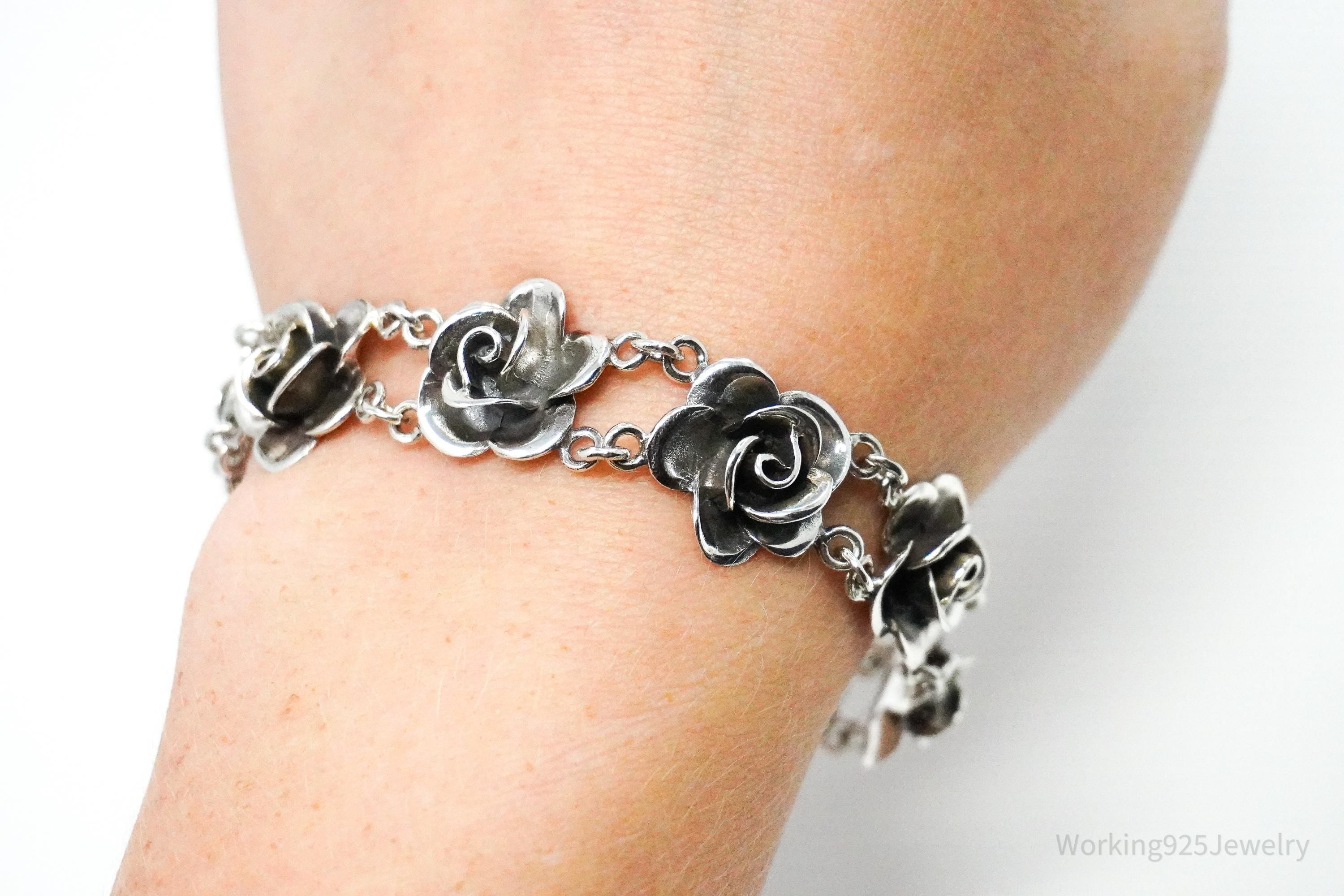 Vintage Roses Sterling Silver Bracelet 7.75"