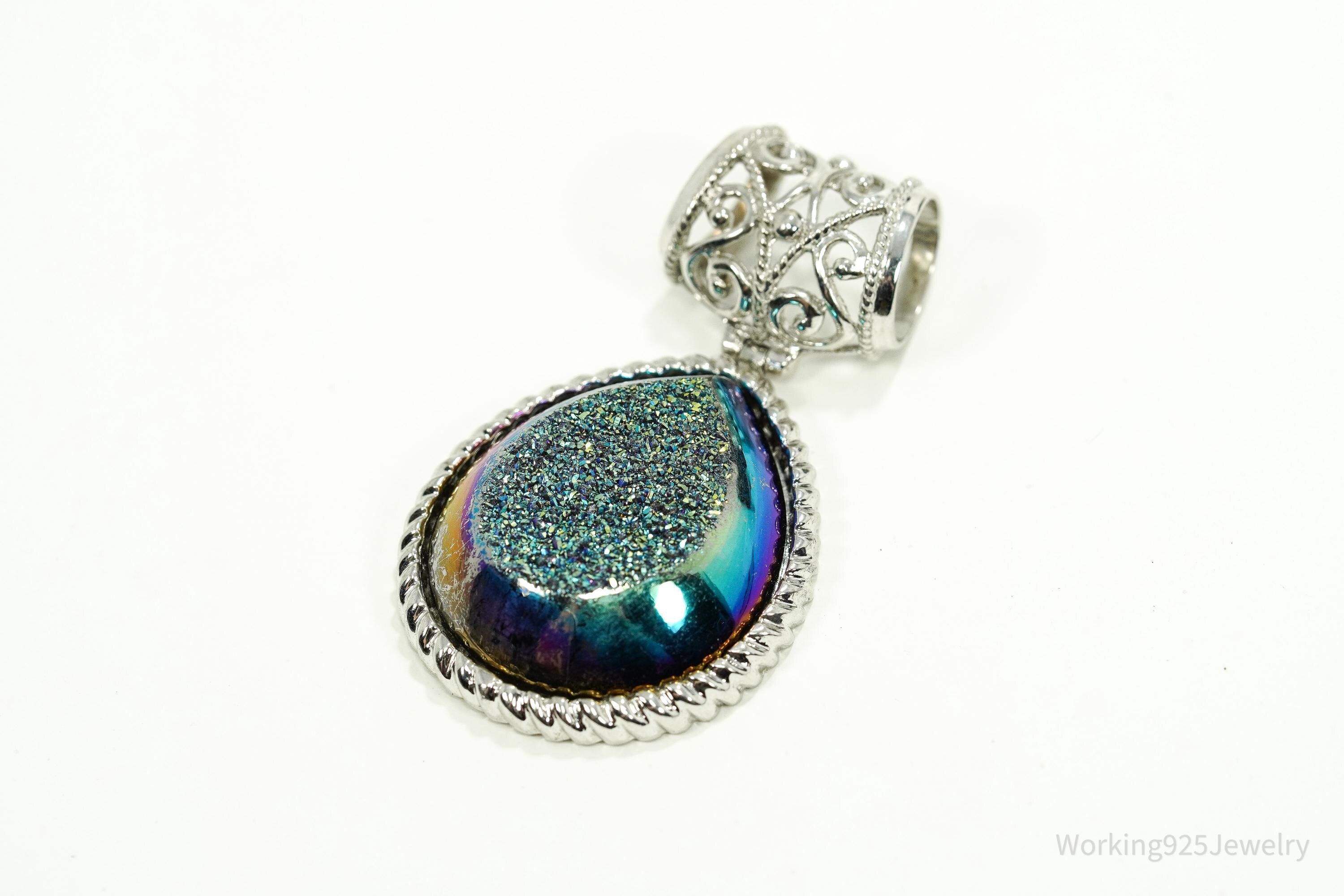 Vintage Large Druzy Quartz Sterling Silver Necklace Pendant