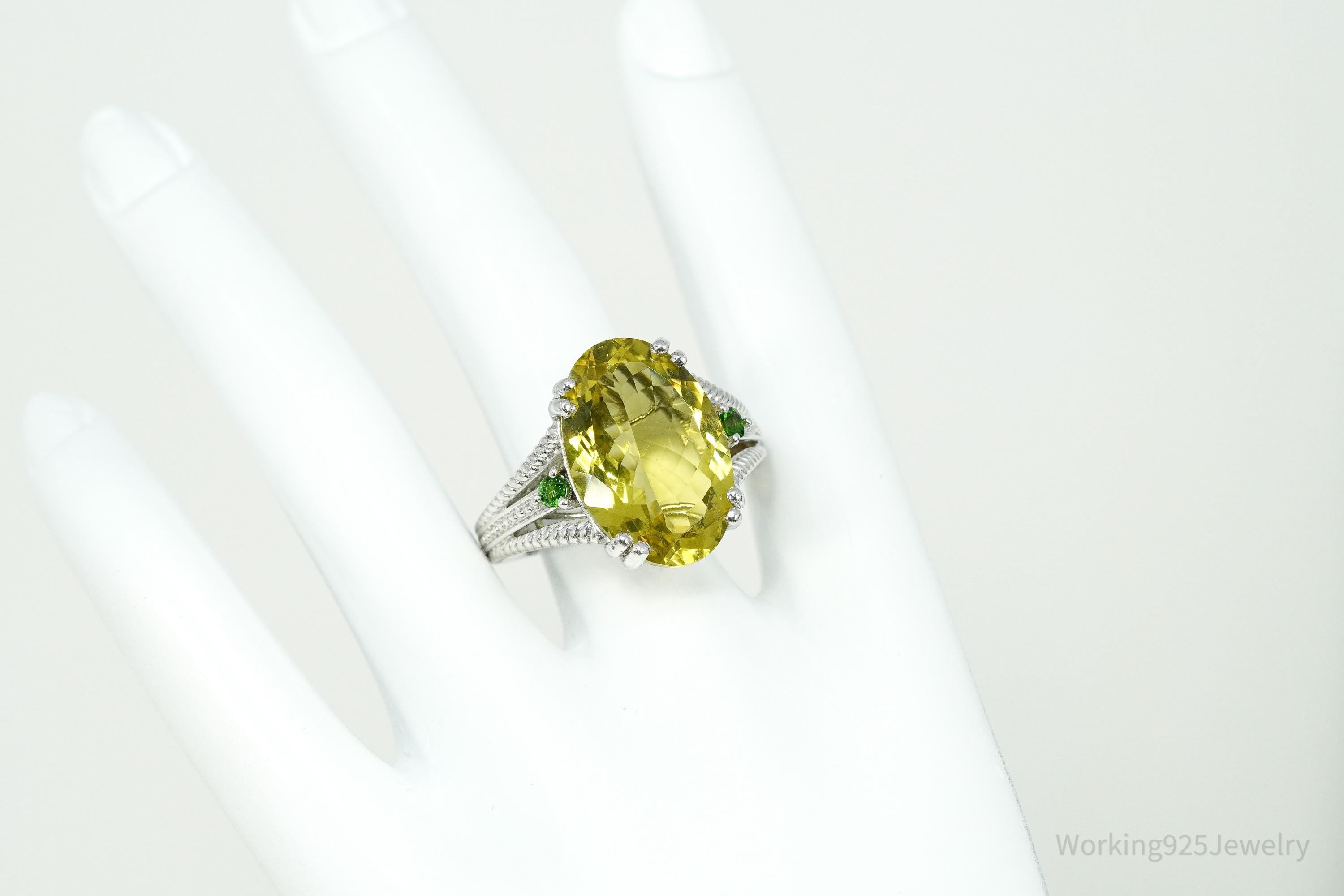 Vintage Large Lemon Quartz & Green Chrome Diopside Sterling Silver Ring Size 10