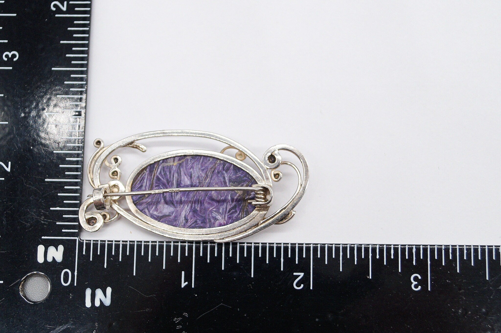 Antique Large Charoite Modernist Style Sterling Silver Russian Brooch Pin