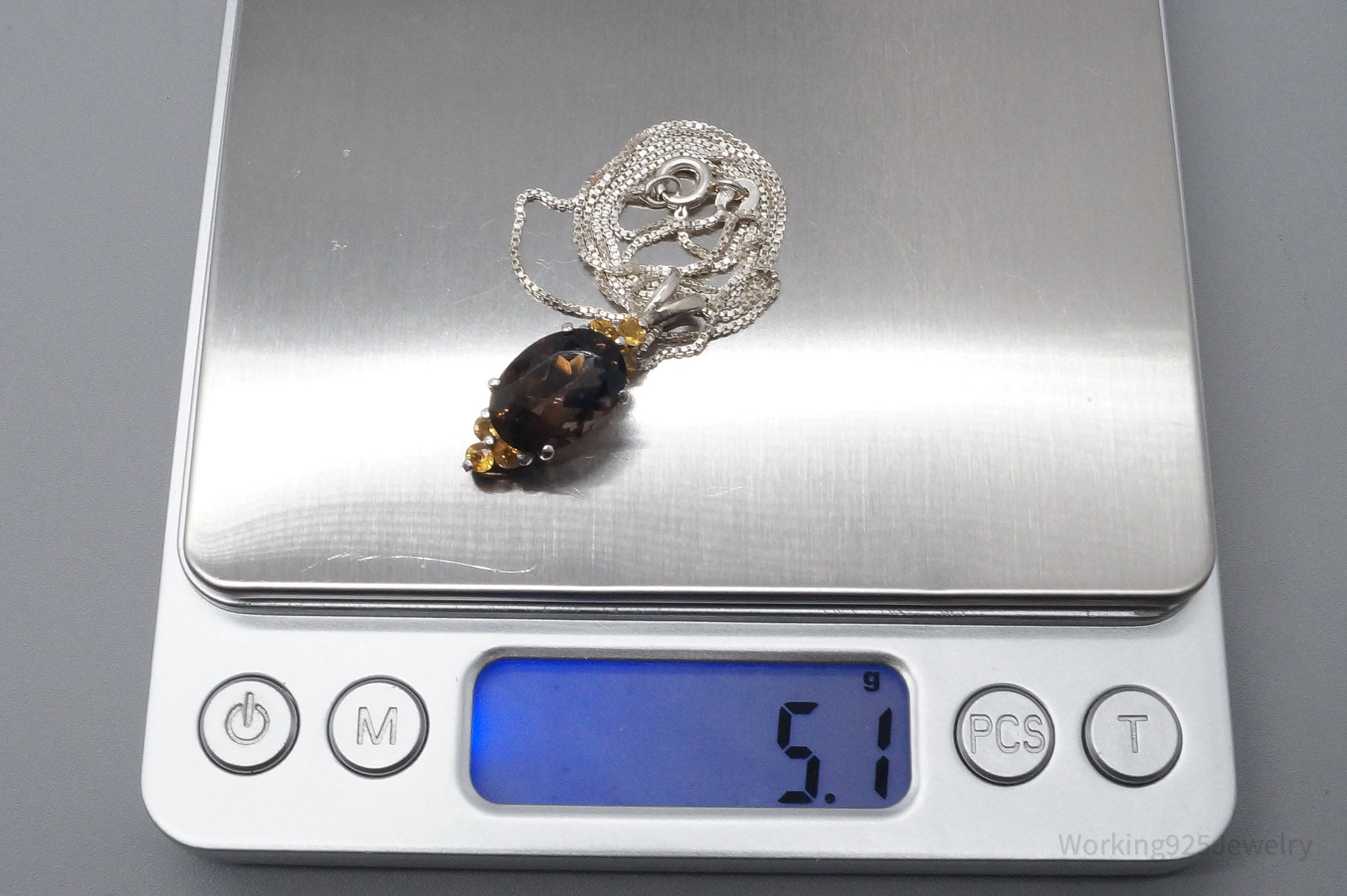 Vintage Smoky Topaz Citrine Art Deco Sterling Silver Necklace 18"