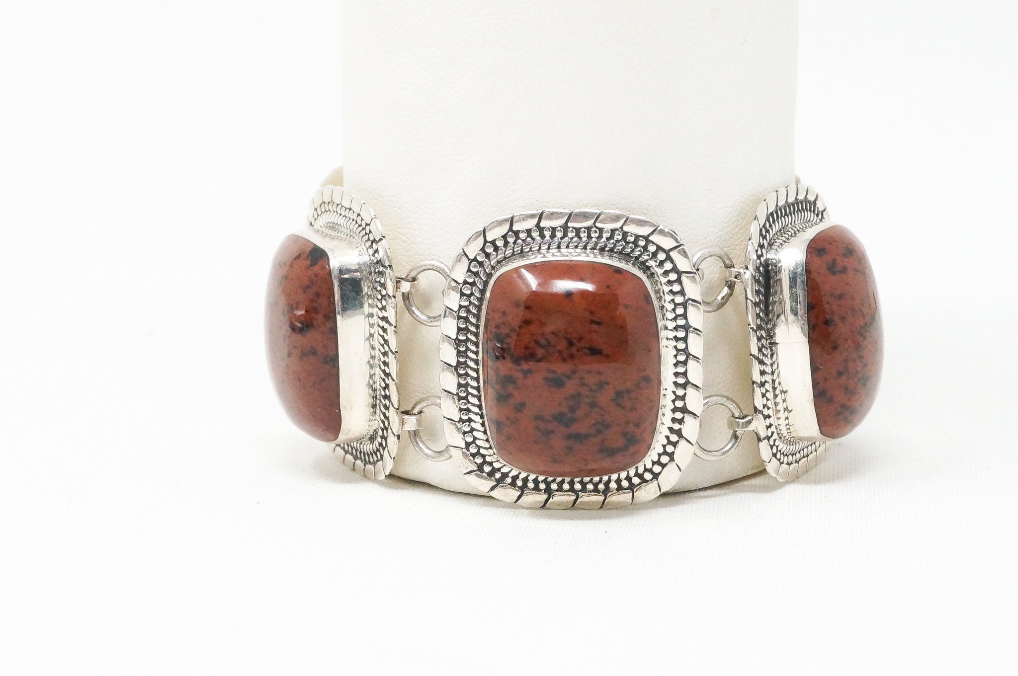 Vintage Mexico ATI Mahogany Obsidian Southwestern Sterling Silver Bracelet