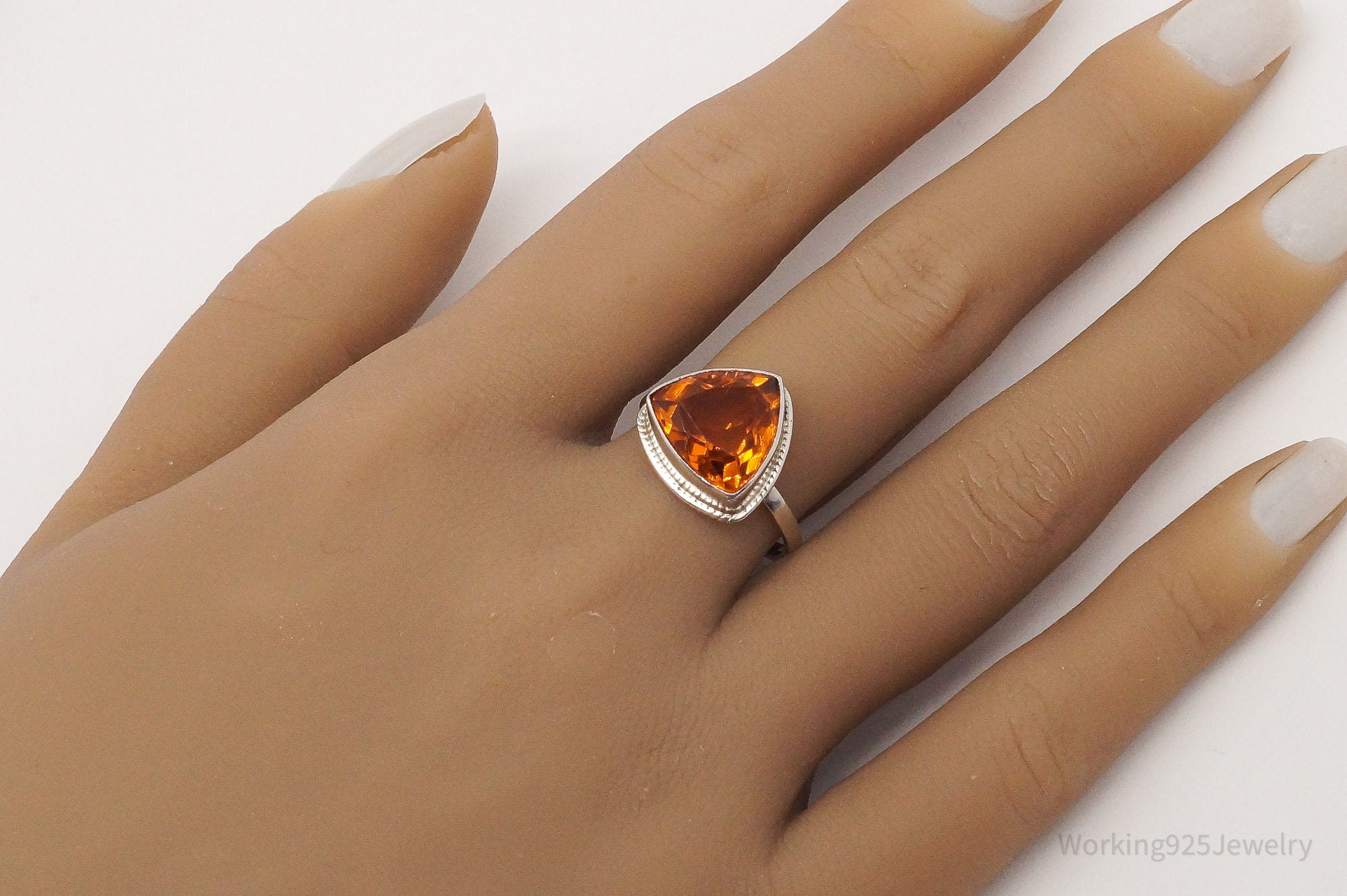 Vintage Large Orange Gemstone Sterling Silver Ring - Size 8.25