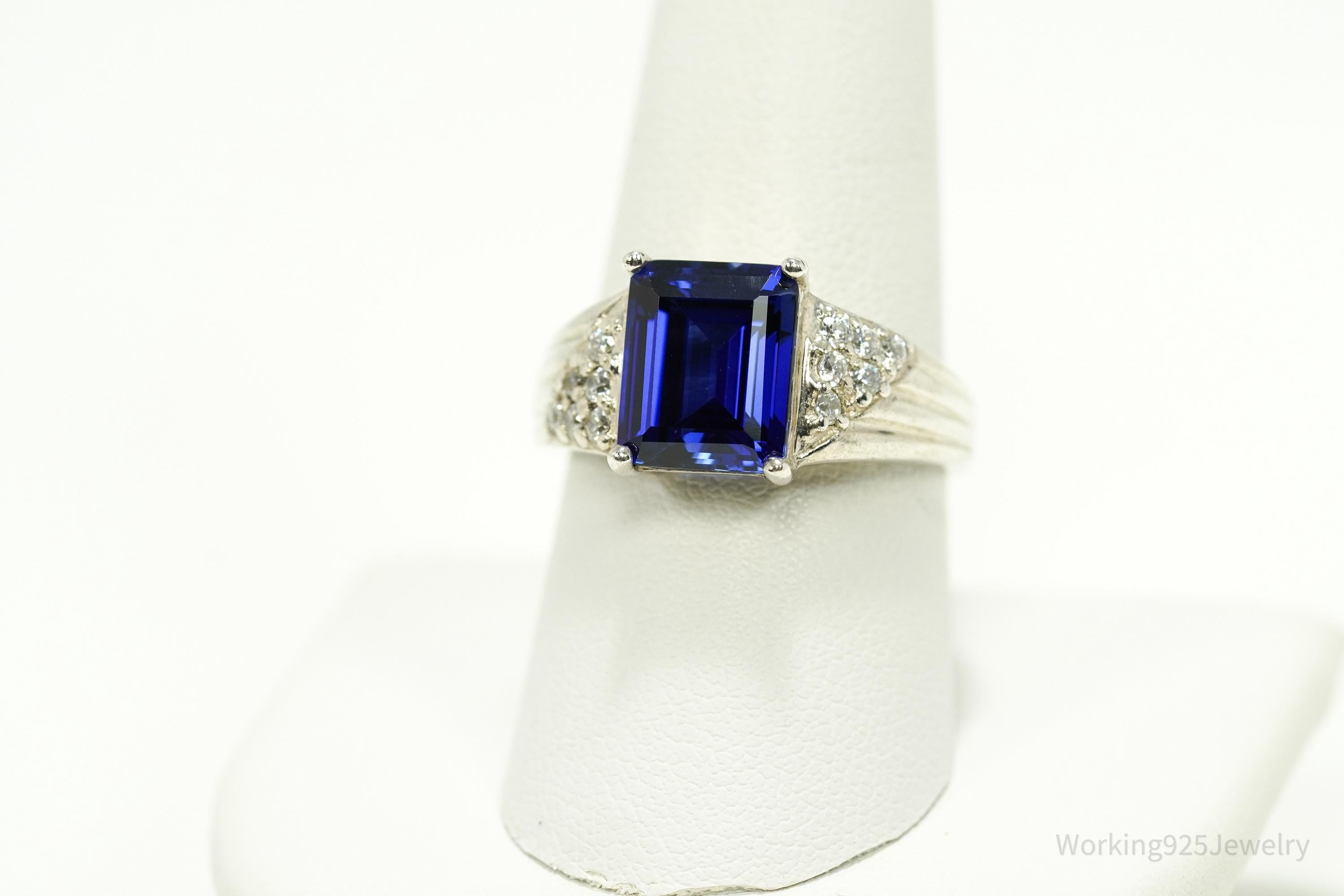 Vintage Lab Sapphire & Cubic Zirconia Sterling Silver Ring - Size 8.75