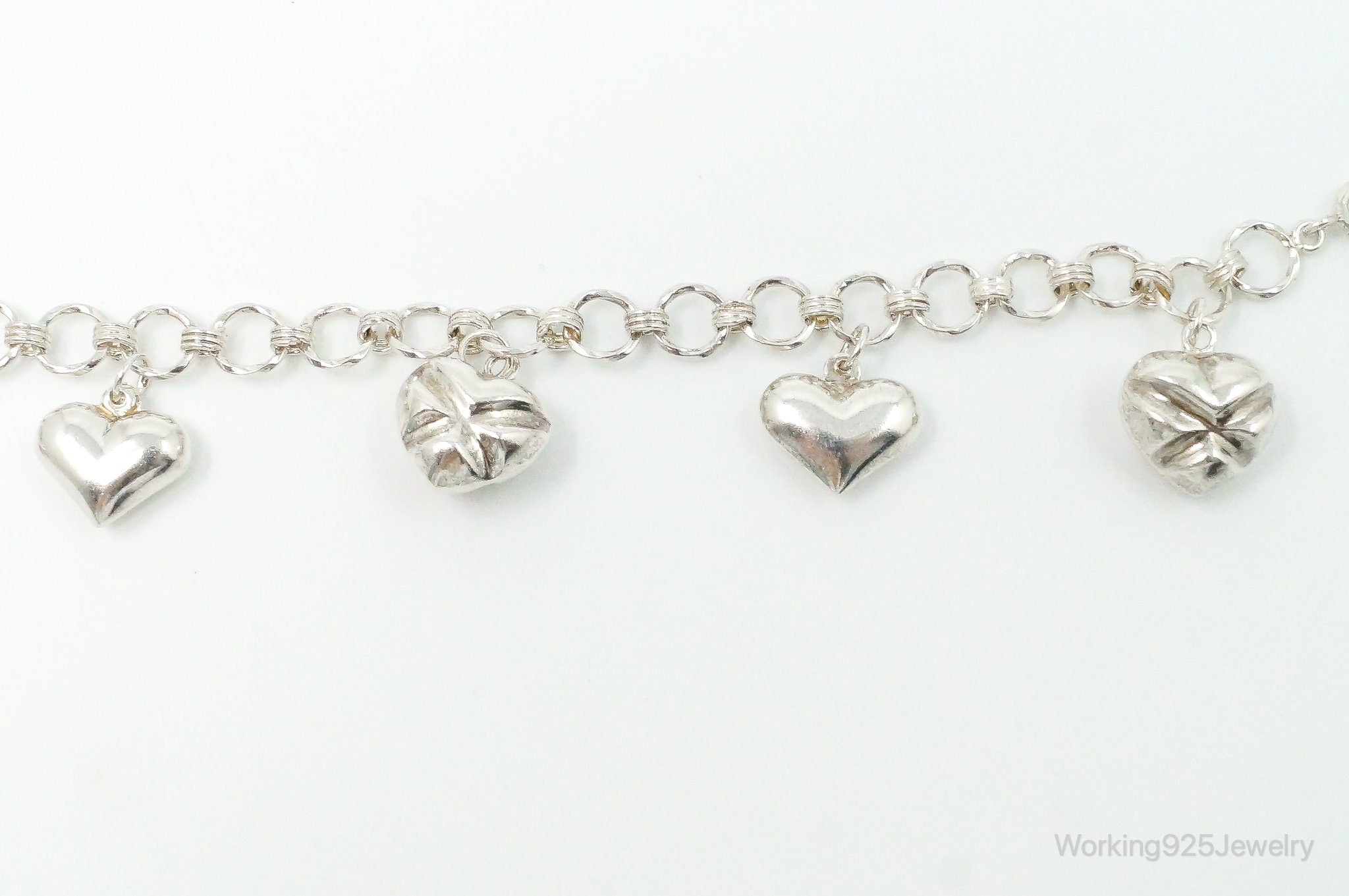 Vintage Puffy Heart Charm Sterling Silver Chain Bracelet