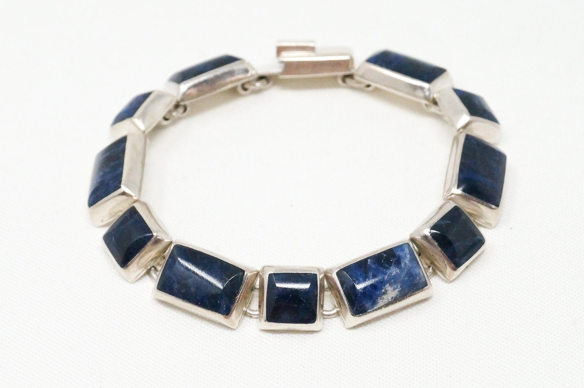 Vintage Mexico Designer Modernist Blue Sodalite 950 Silver Cuff Bracelet