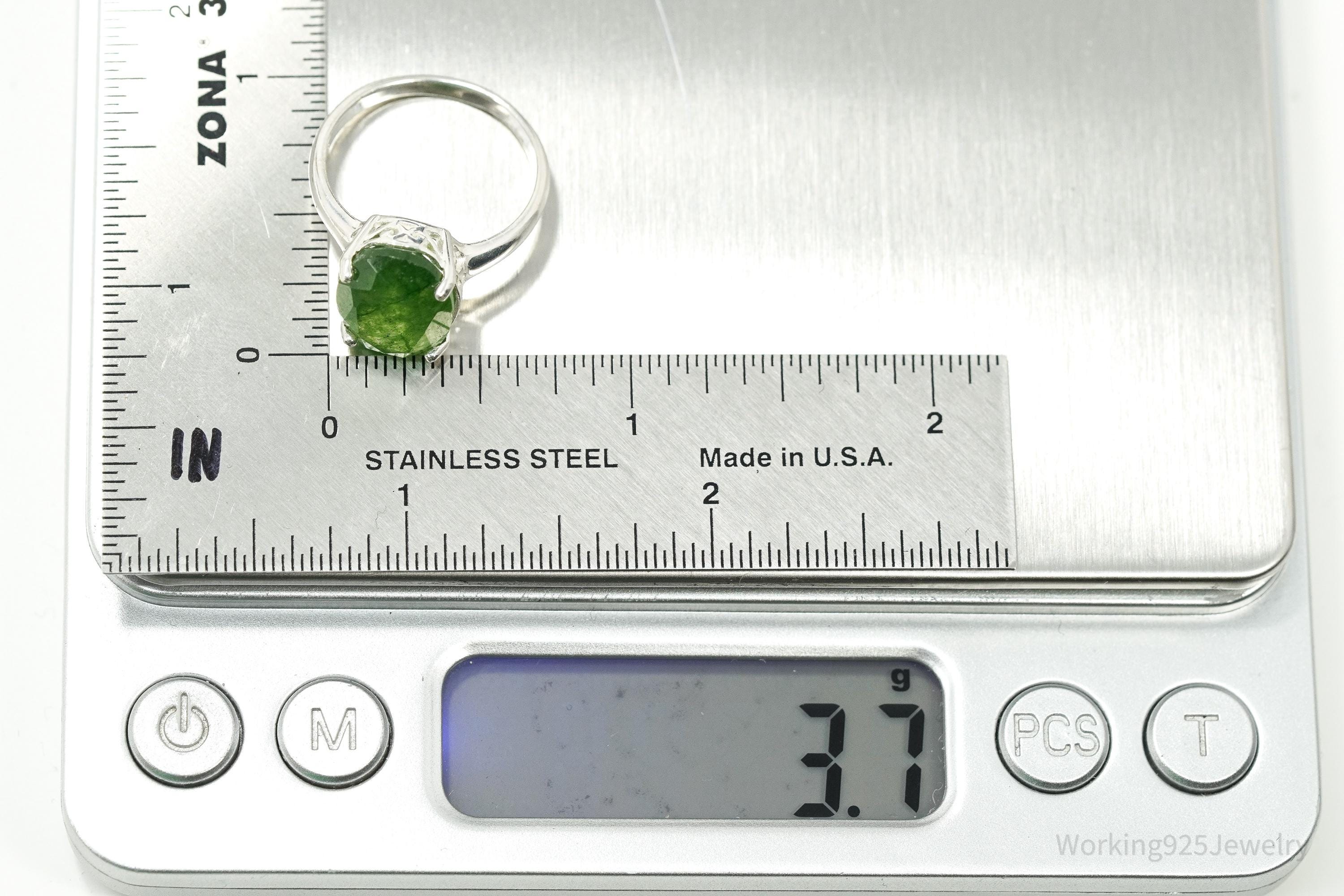 Vintage Oval Solitaire Emerald Sterling Silver Cocktail Ring – Size 7.25