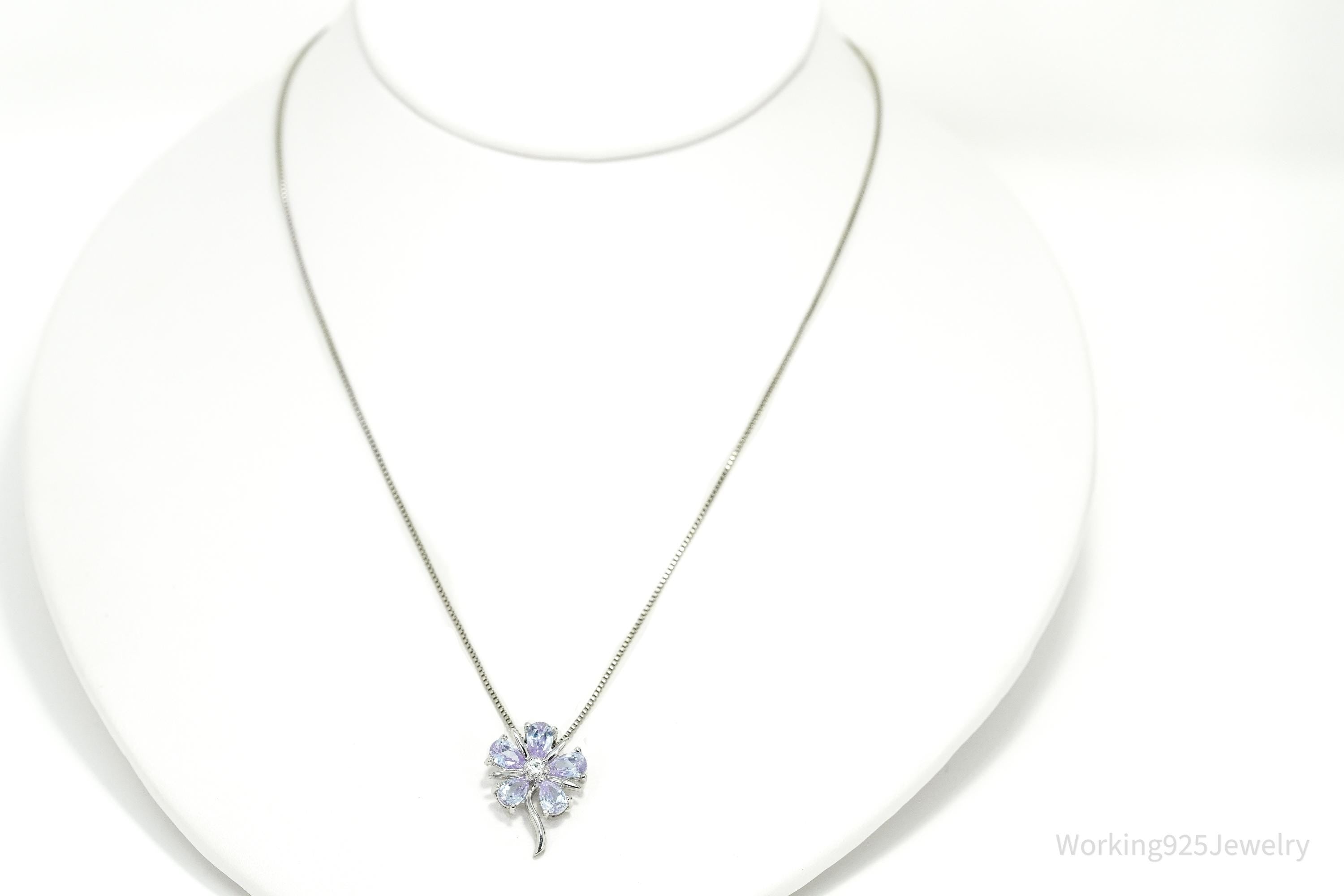 Vintage Periwinkle & White Cubic Zirconia Sterling Silver Flower Necklace - 18"