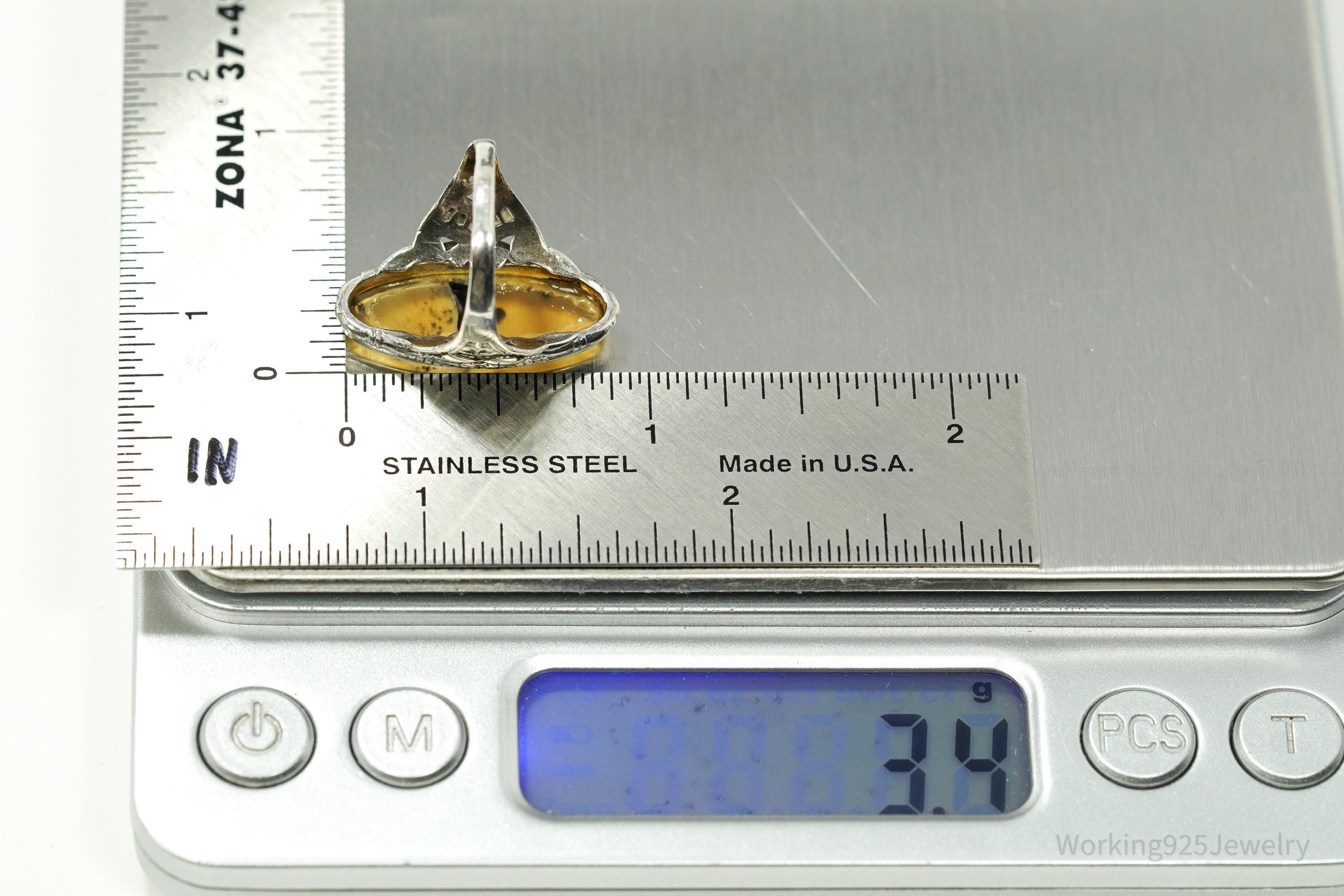 Antique Edwardian Ostby & Barton Agate Sterling Silver Ornate Ring Size 6.25