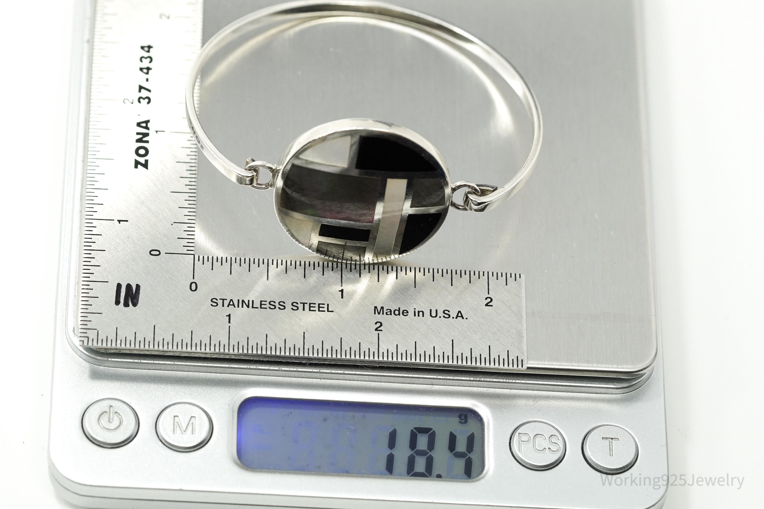 Vintage Black Onyx Mother Of Pearl Paua Shell Sterling Silver Bracelet 6.75"