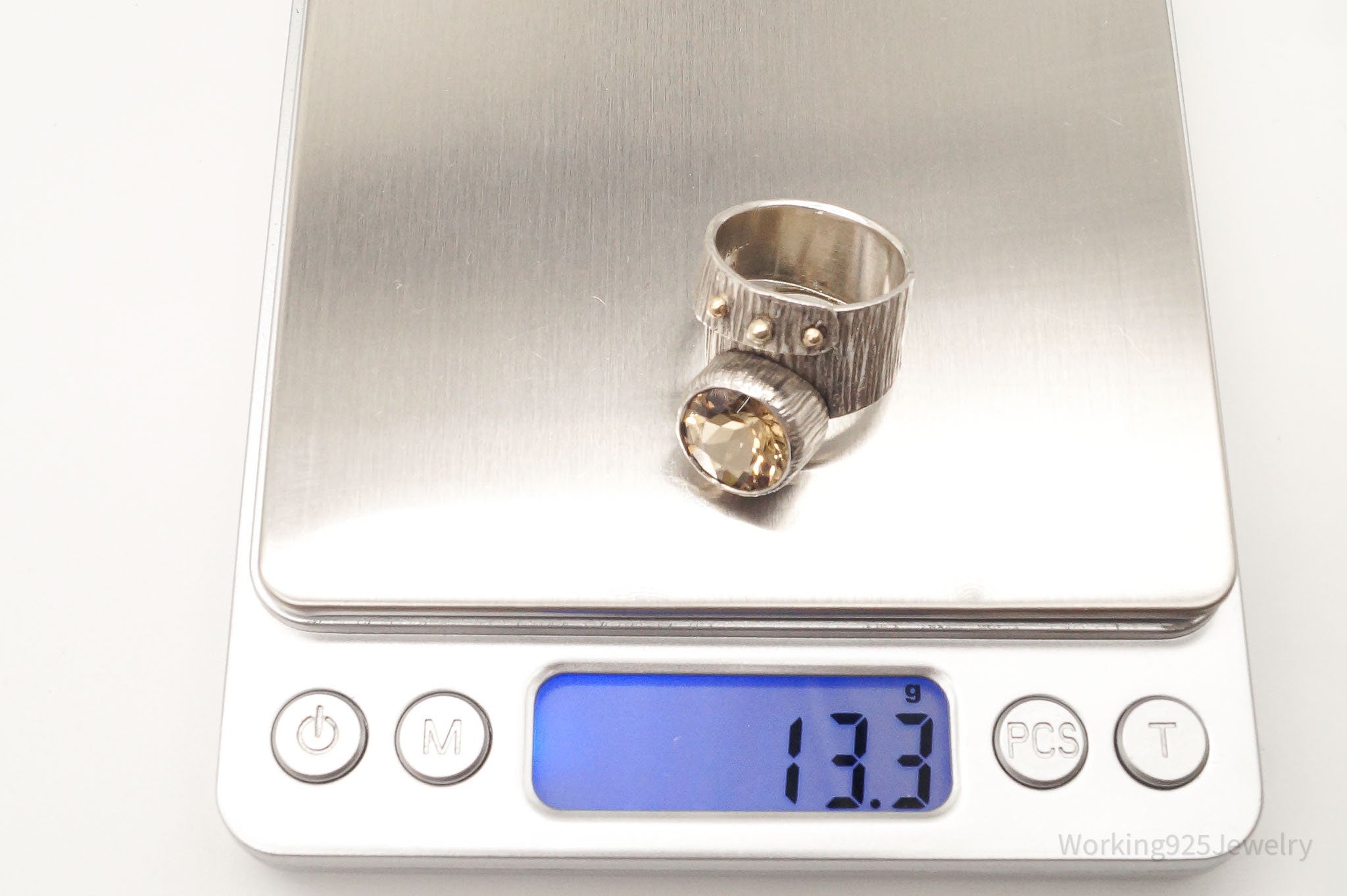 Vintage Large Smoky Topaz 14K Gold Sterling Silver Ring - Size 7.25 Adjustable