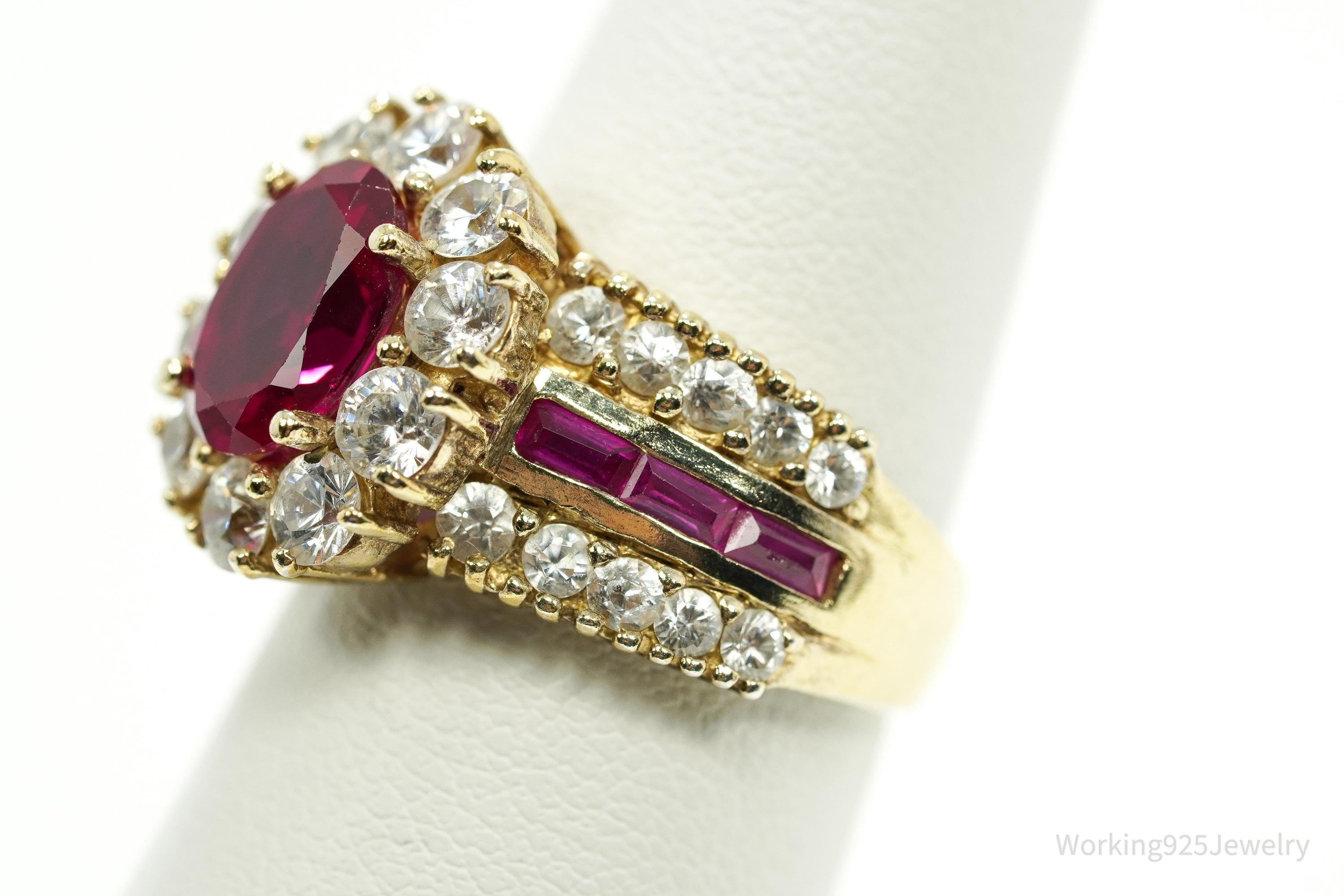 Vintage Ruby & Cubic Zirconia Gold Vermeil Sterling Silver Ring Size 6.25