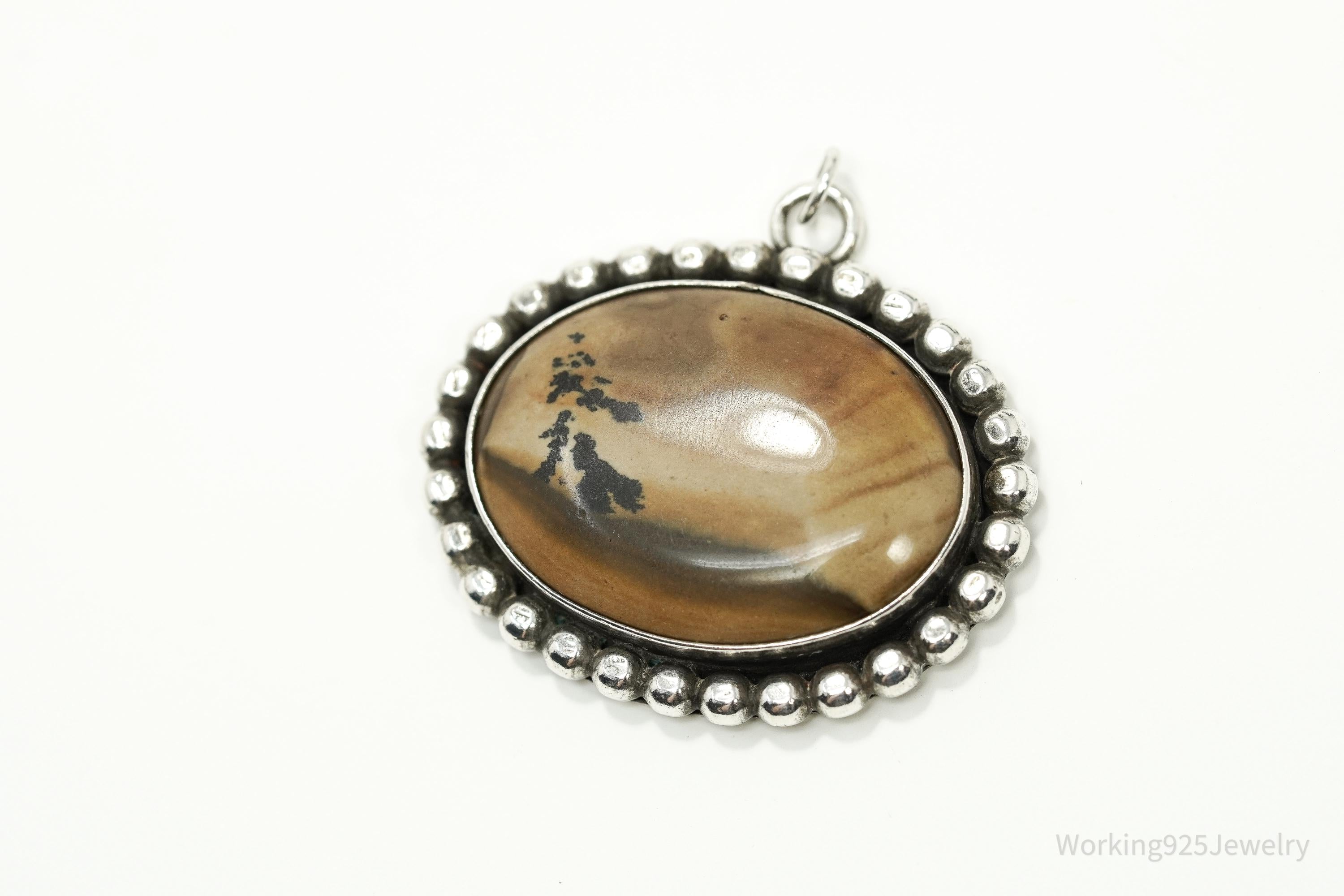 Vintage 1970s Picture Jasper Silver Necklace Pendant 1 3/8"
