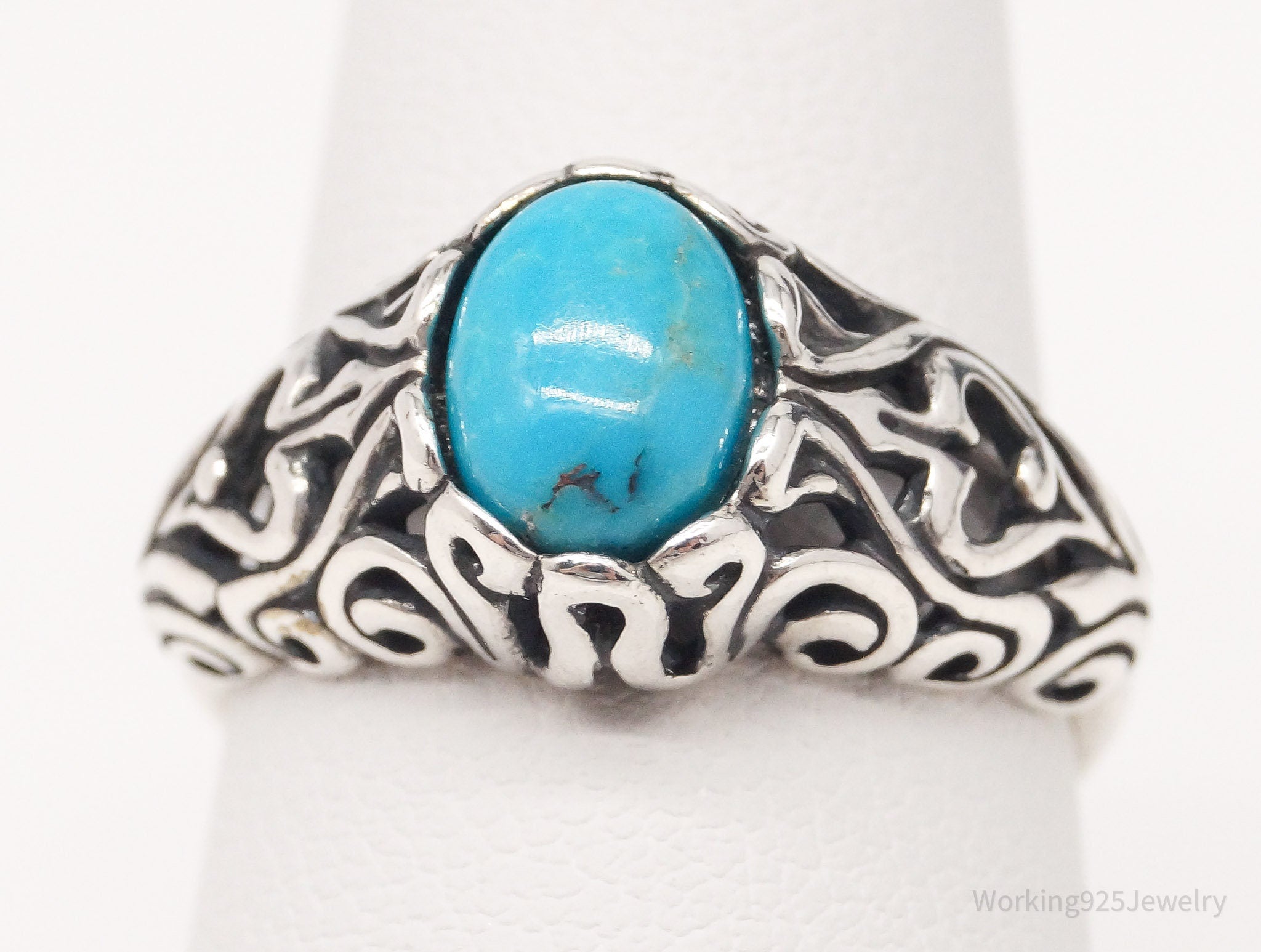 Vintage Blue Turquoise Scroll Swirl Sterling Silver Ring - Size 7.25