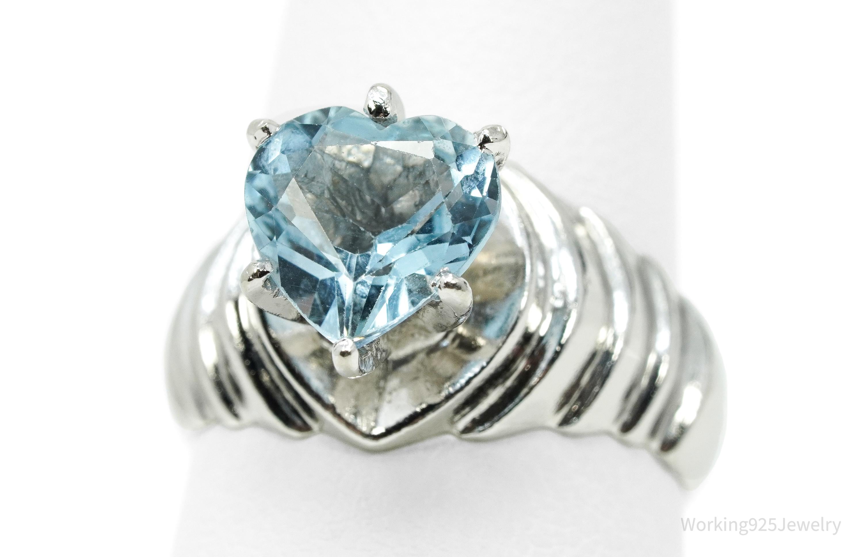Vintage Blue Topaz Heart Sterling Silver Ring - Size 6.75
