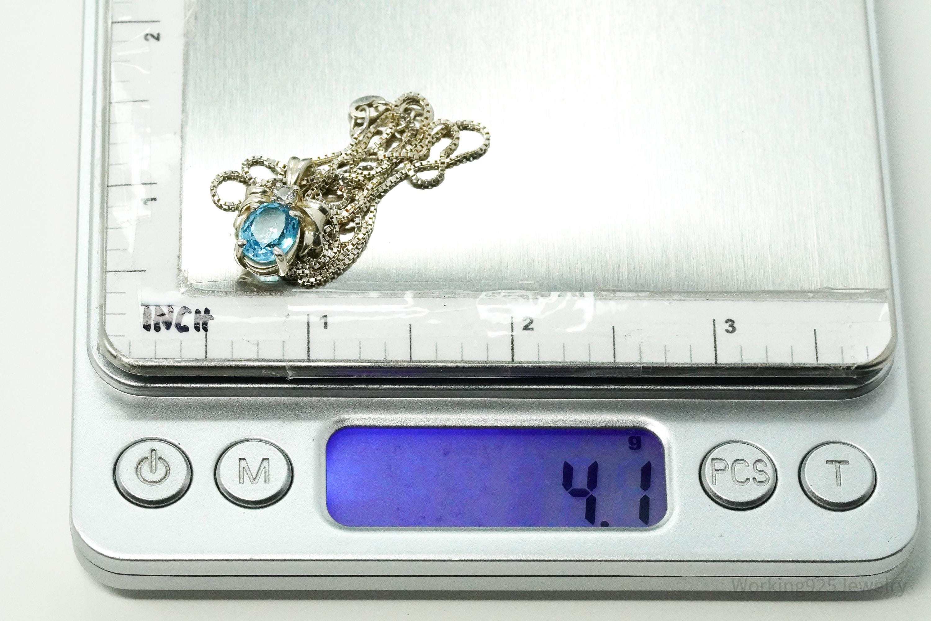 Vintage Blue Topaz & Cubic Zirconia Sterling Silver Necklace 18"