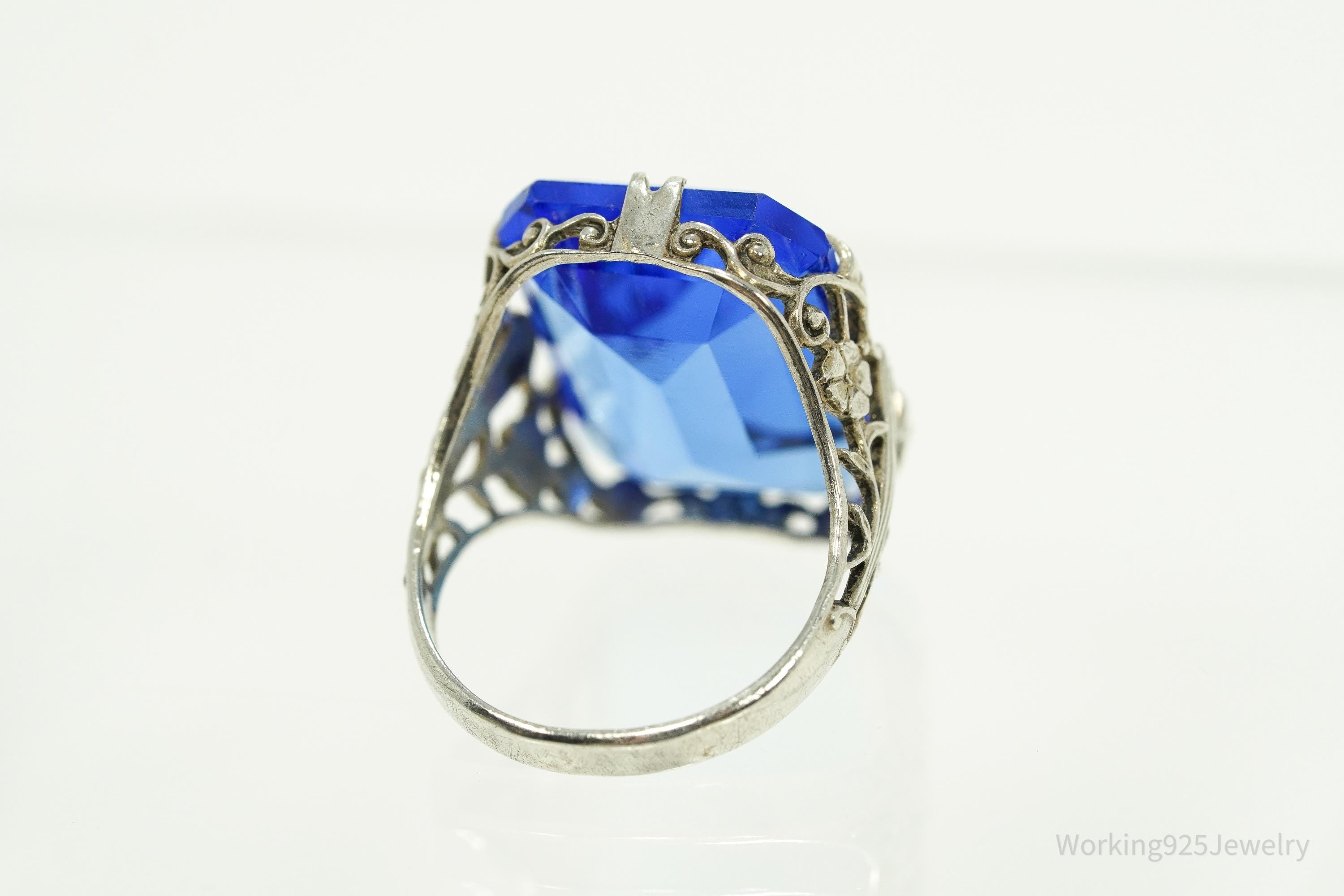 Antique Blue Art Glass Sterling Silver Ring - Size 5.25