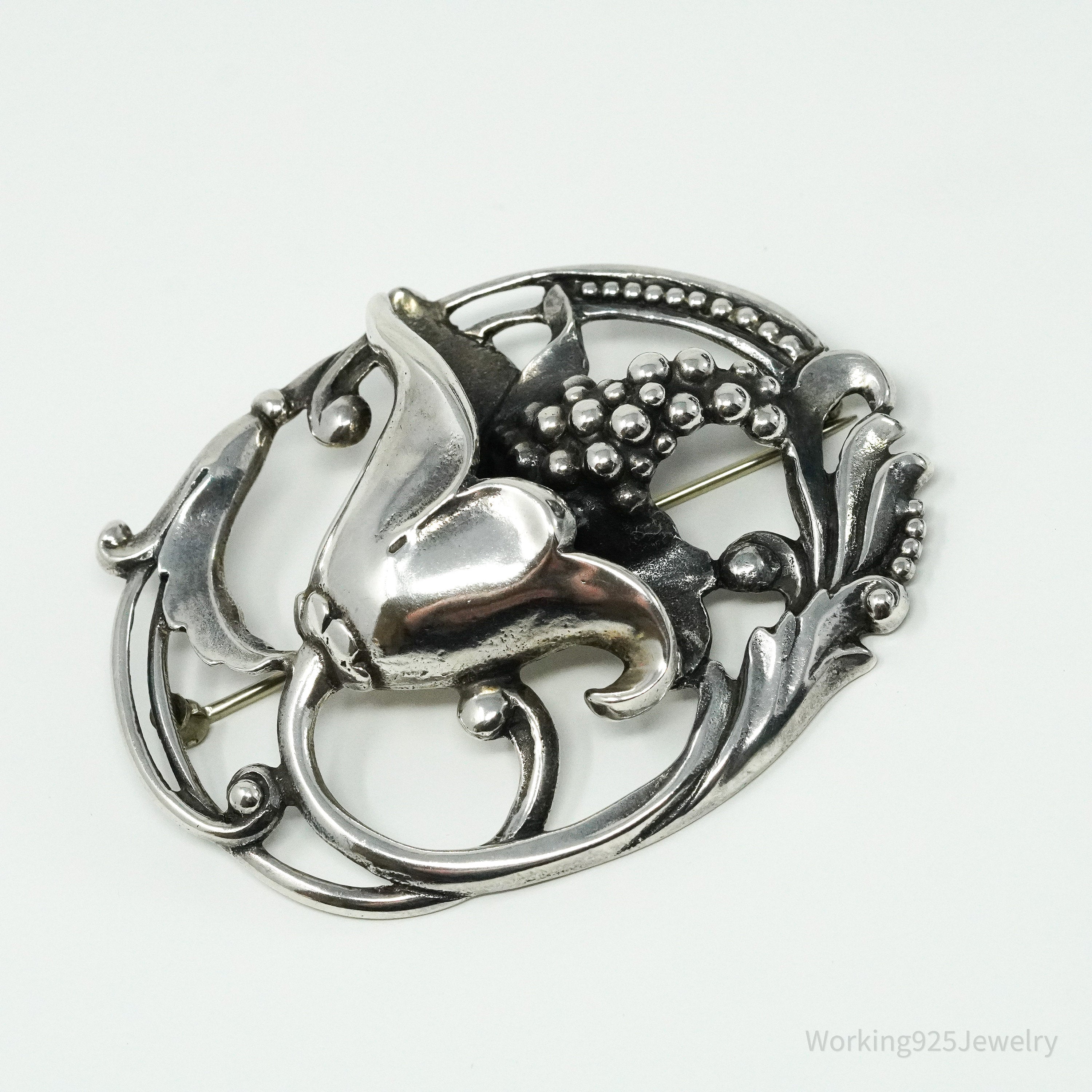 Antique Floral Sterling Silver Brooch Pin 2.5"