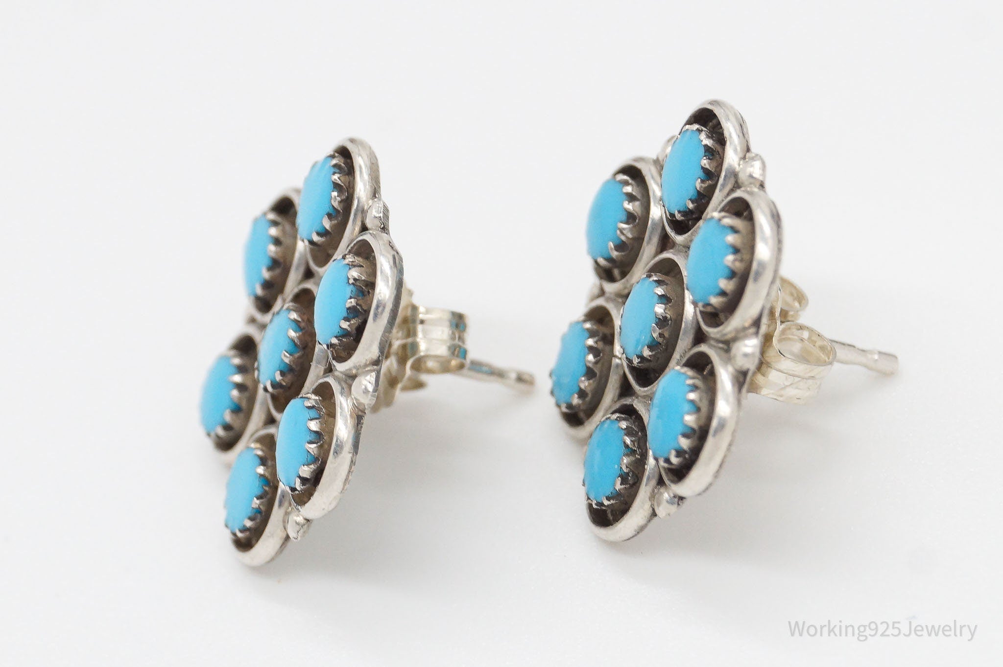 Vintage Native American Turquoise Petit Point Sterling Silver Earrings