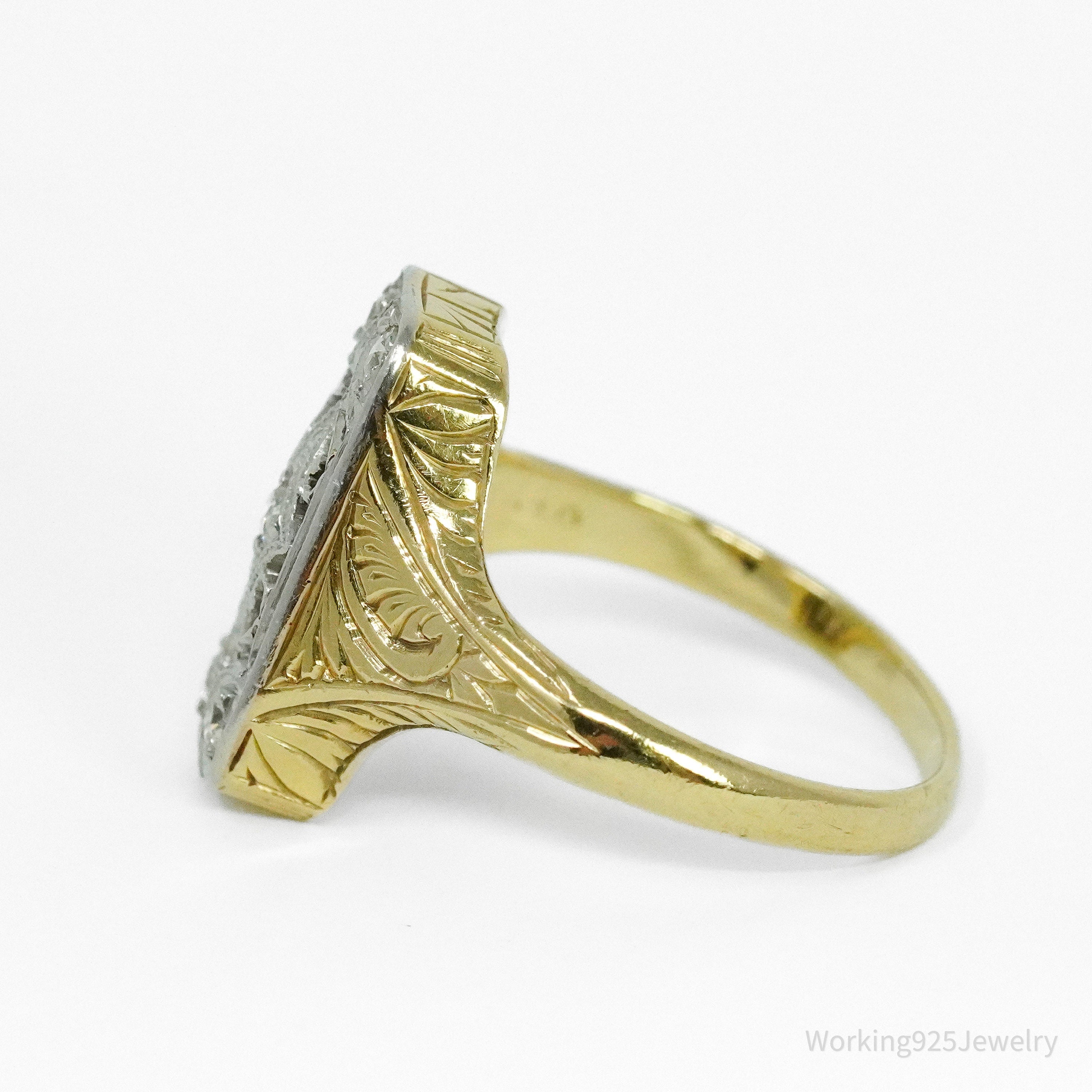 1920s 14k Yellow Gold & Platinum European Cut Diamond Ring - Size 5 1/4