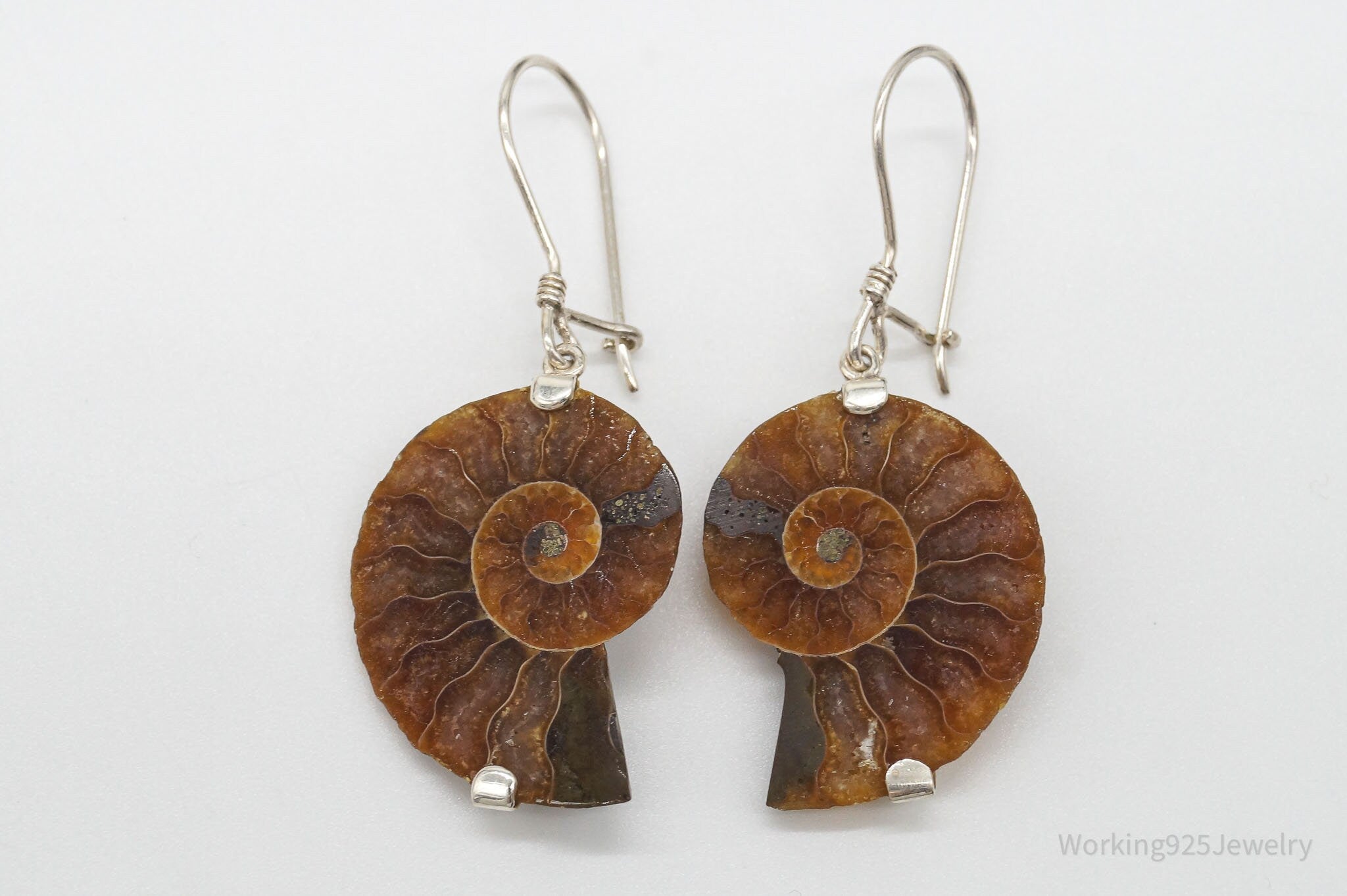 Vintage Large Ammonite Fossil Shell Silver Earrings